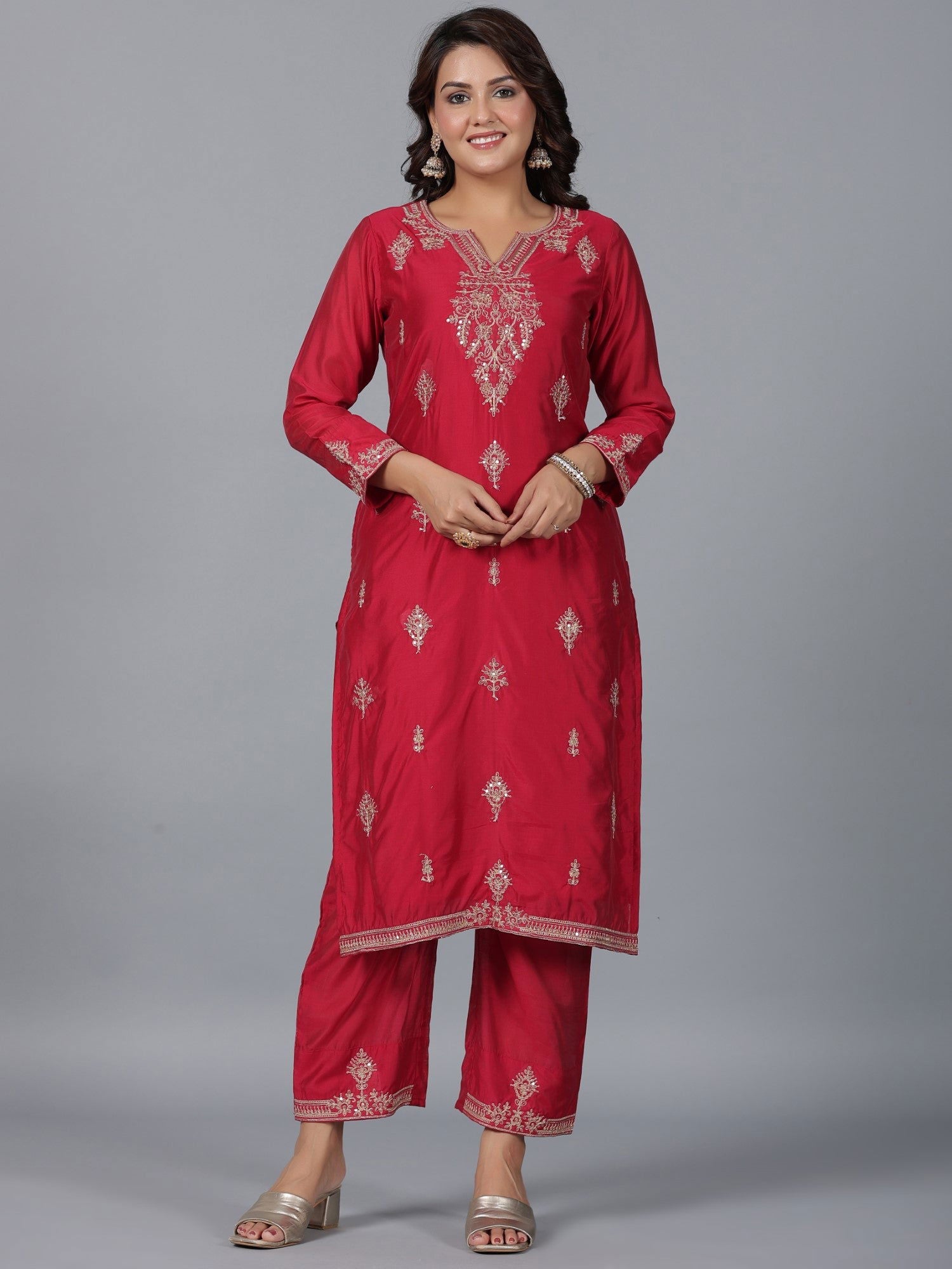 Juniper Red Ethnic Motif Printed Chanderi Embroidered Kurta, Pants & Dupatta Set With Dori Work