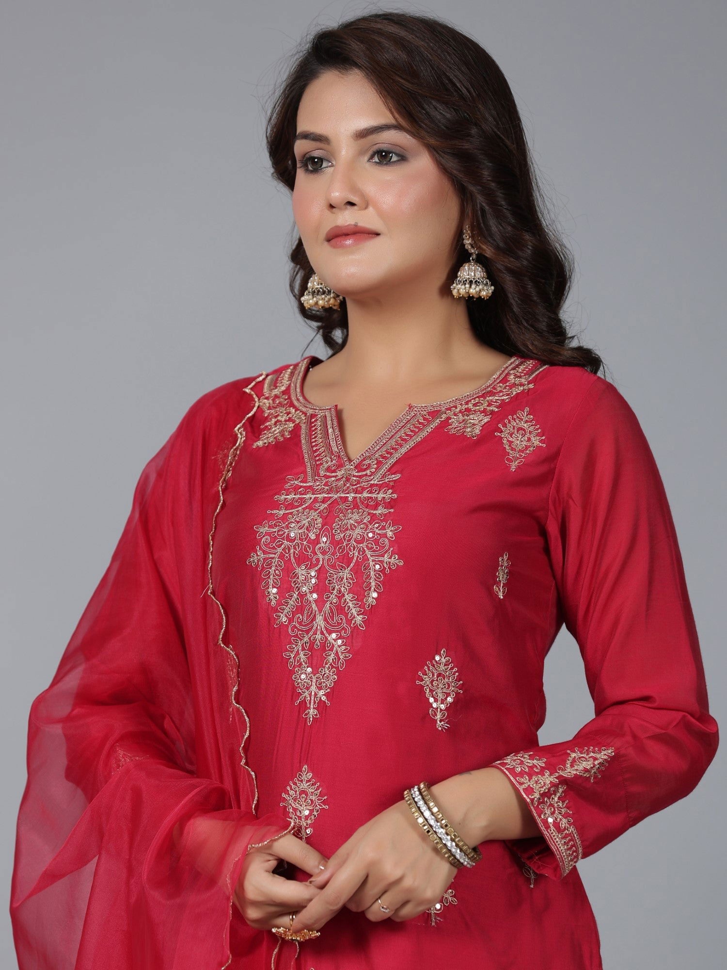 Juniper Red Ethnic Motif Printed Chanderi Embroidered Kurta, Pants & Dupatta Set With Dori Work