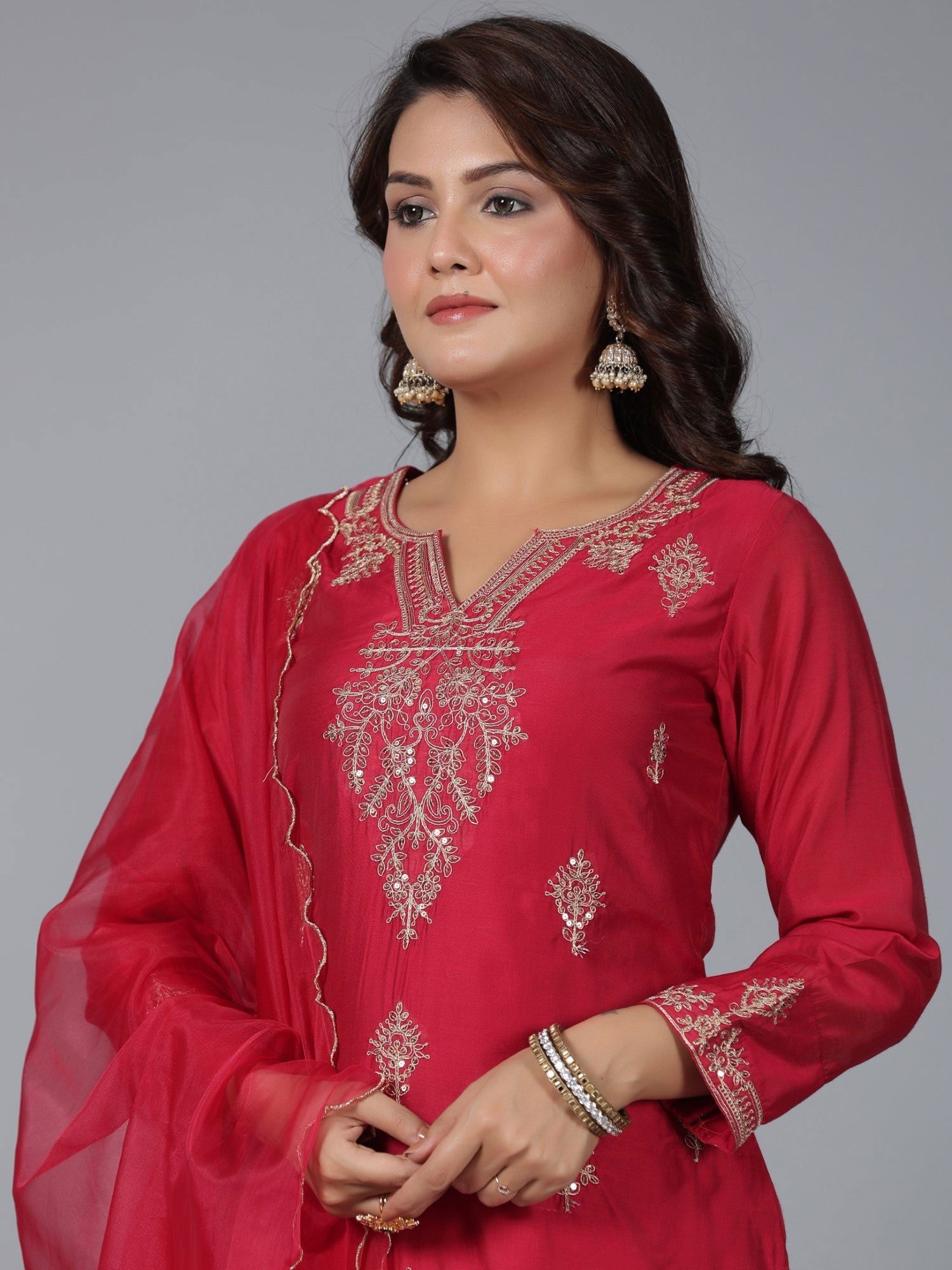 Juniper Red Ethnic Motif Printed Chanderi Embroidered Kurta, Pants & Dupatta Set With Dori Work