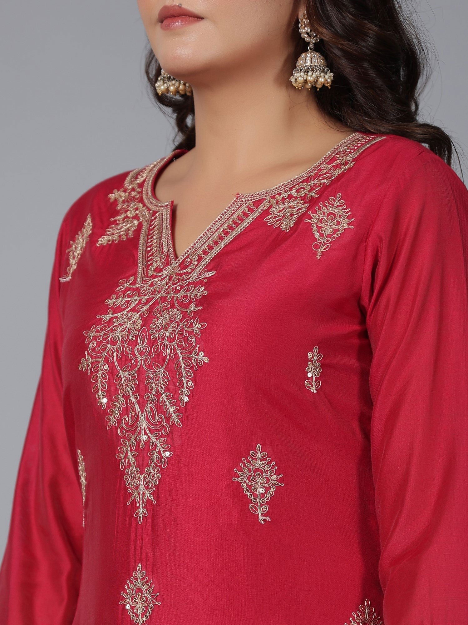 Juniper Red Ethnic Motif Printed Chanderi Embroidered Kurta, Pants & Dupatta Set With Dori Work