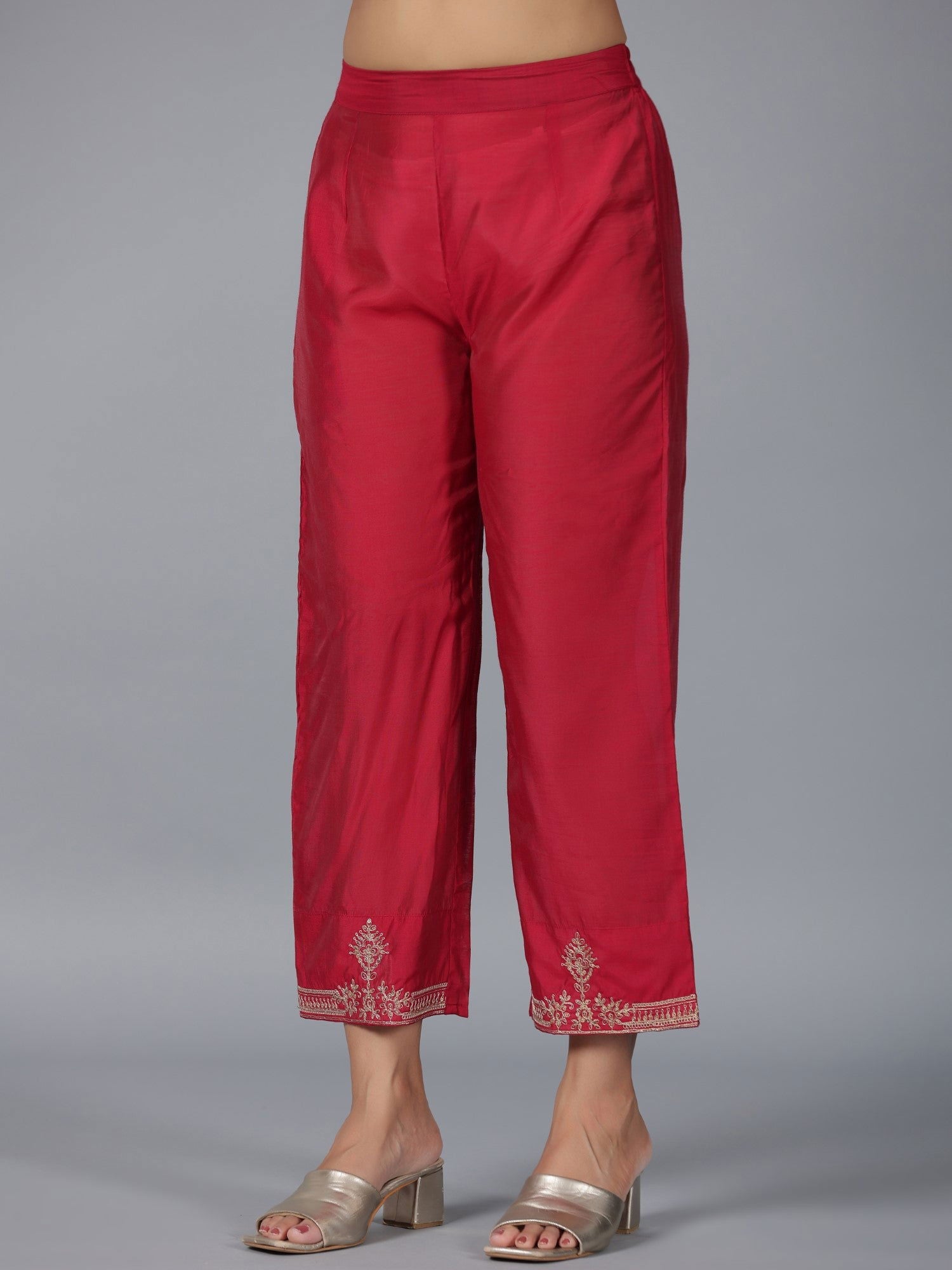 Juniper Red Ethnic Motif Printed Chanderi Embroidered Kurta, Pants & Dupatta Set With Dori Work