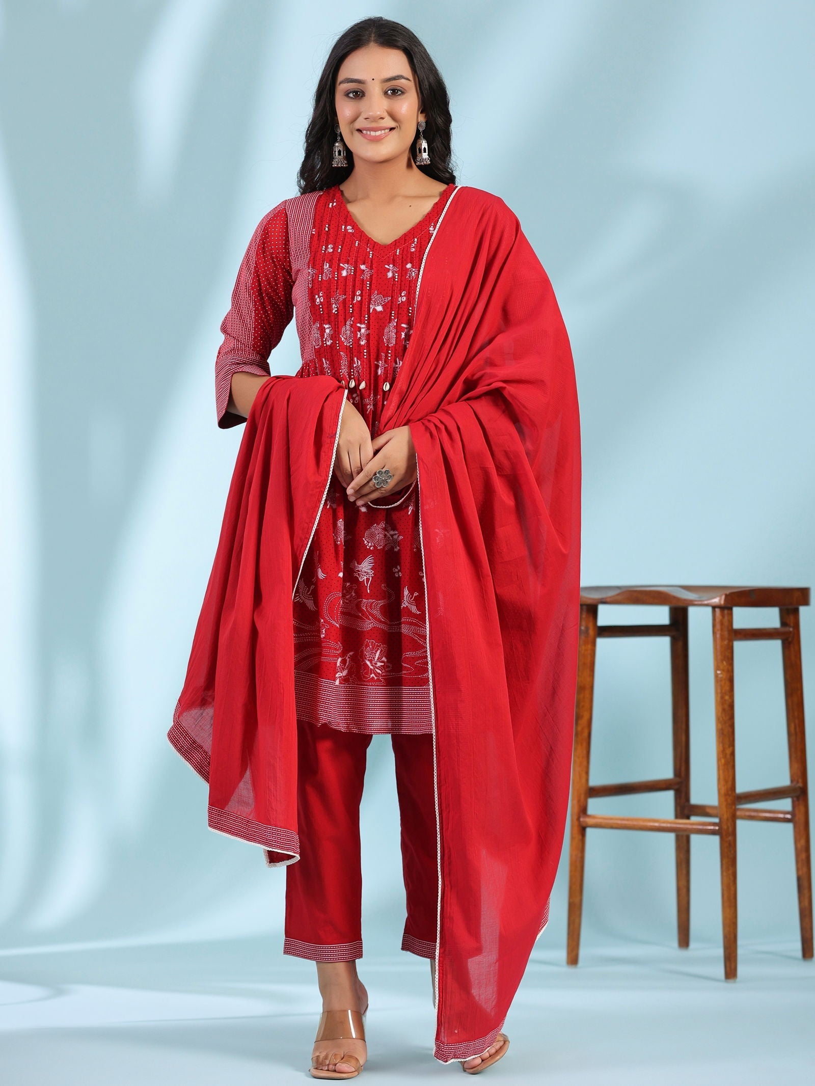 Juniper Red Ethnic Motif Printed Cotton Voile Kurta With Pant&Dupatta With Pintucks At Front & Beadwork
