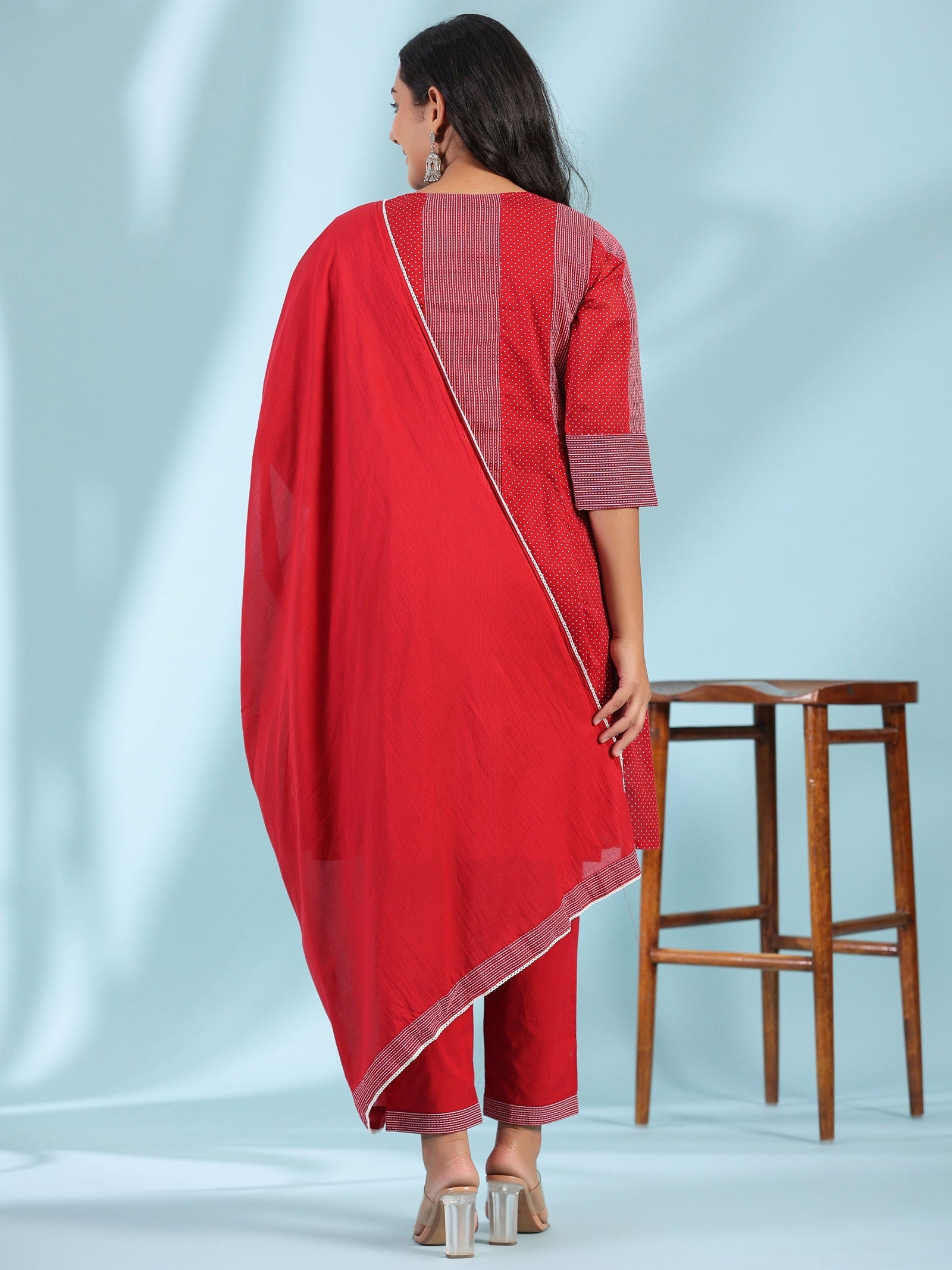 Juniper Red Ethnic Motif Printed Cotton Voile Kurta With Pant&Dupatta With Pintucks At Front & Beadwork