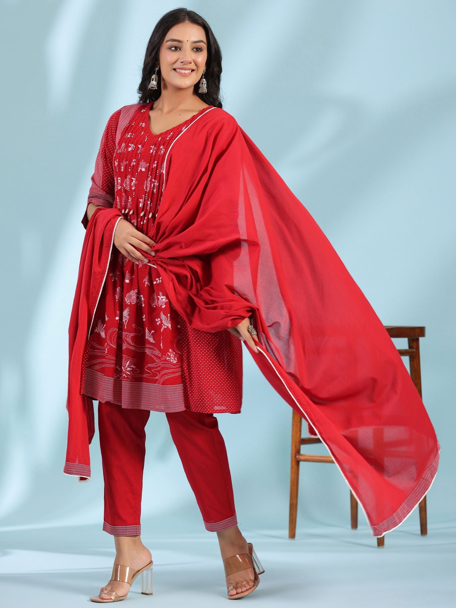 Juniper Red Ethnic Motif Printed Cotton Voile Kurta With Pant&Dupatta With Pintucks At Front & Beadwork