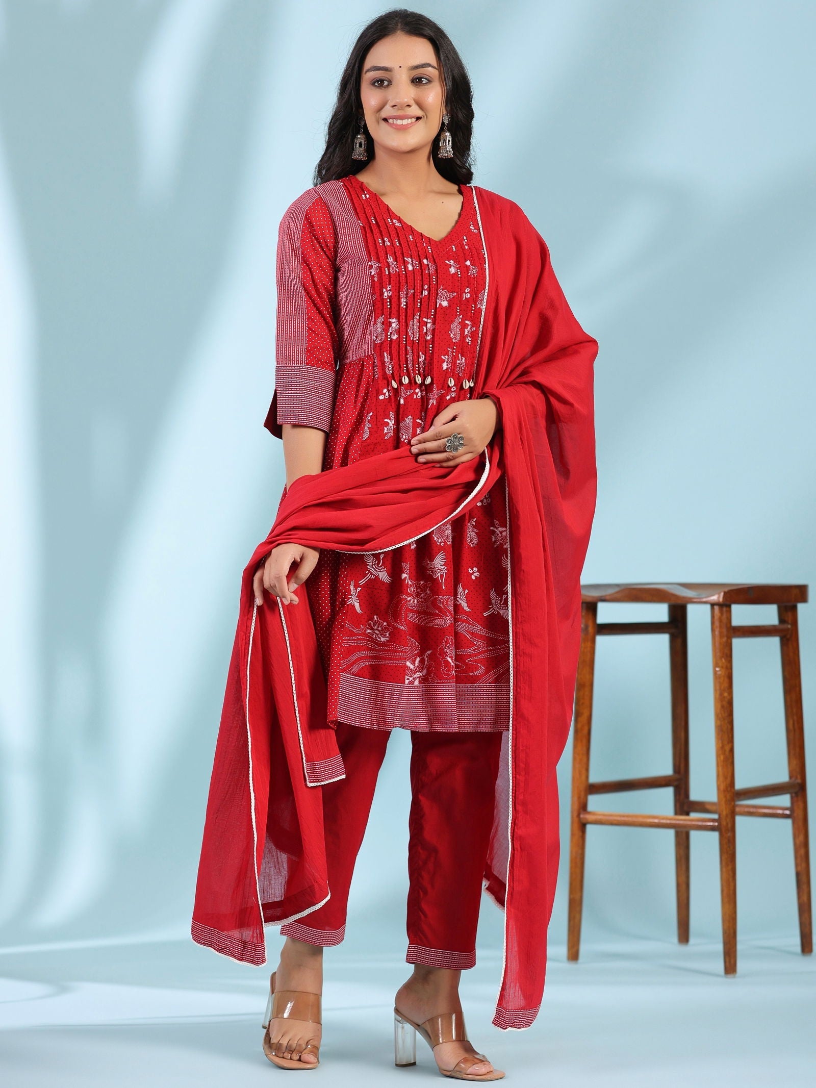 Juniper Red Ethnic Motif Printed Cotton Voile Kurta With Pant&Dupatta With Pintucks At Front & Beadwork
