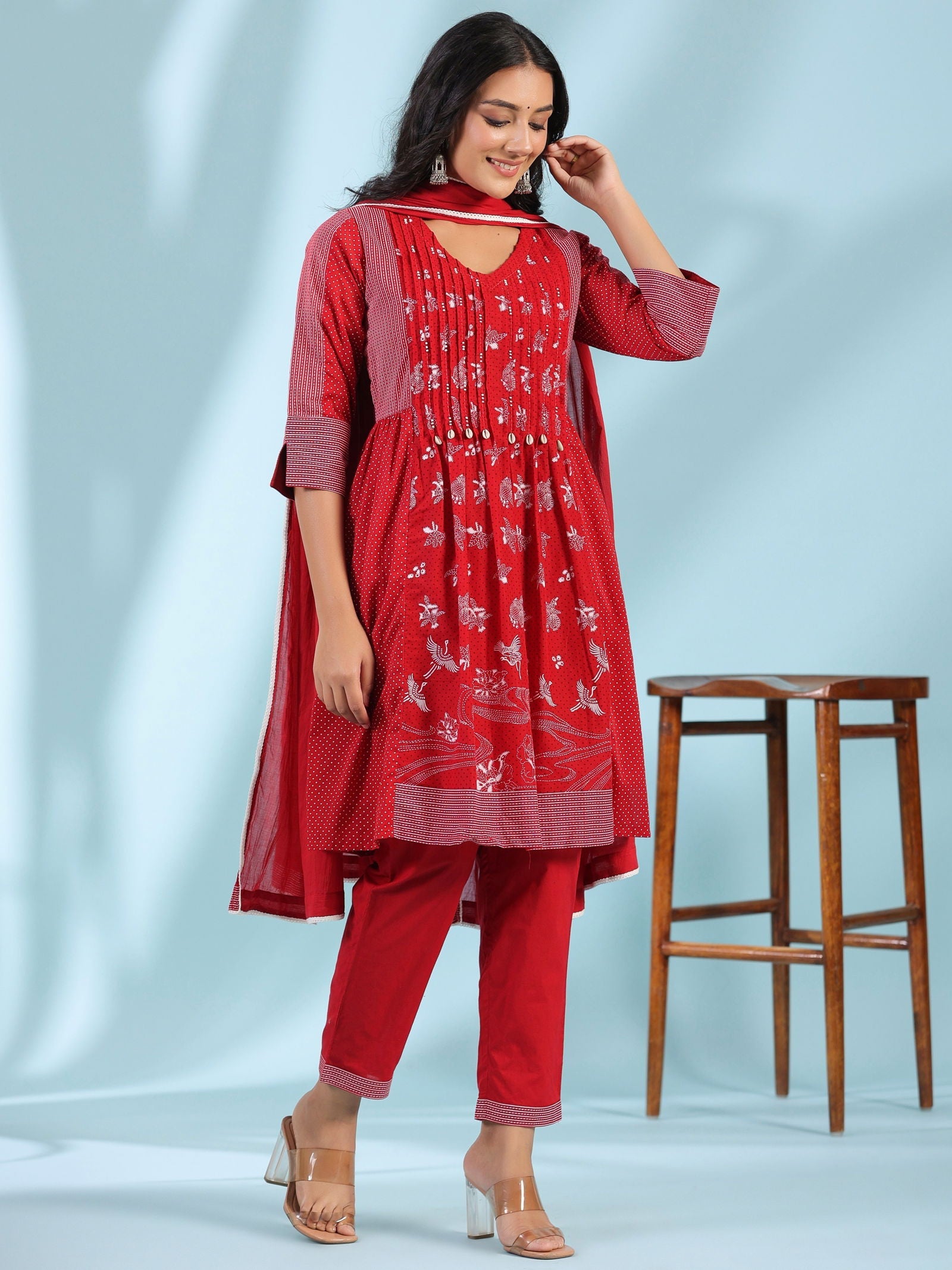 Juniper Red Ethnic Motif Printed Cotton Voile Kurta With Pant&Dupatta With Pintucks At Front & Beadwork