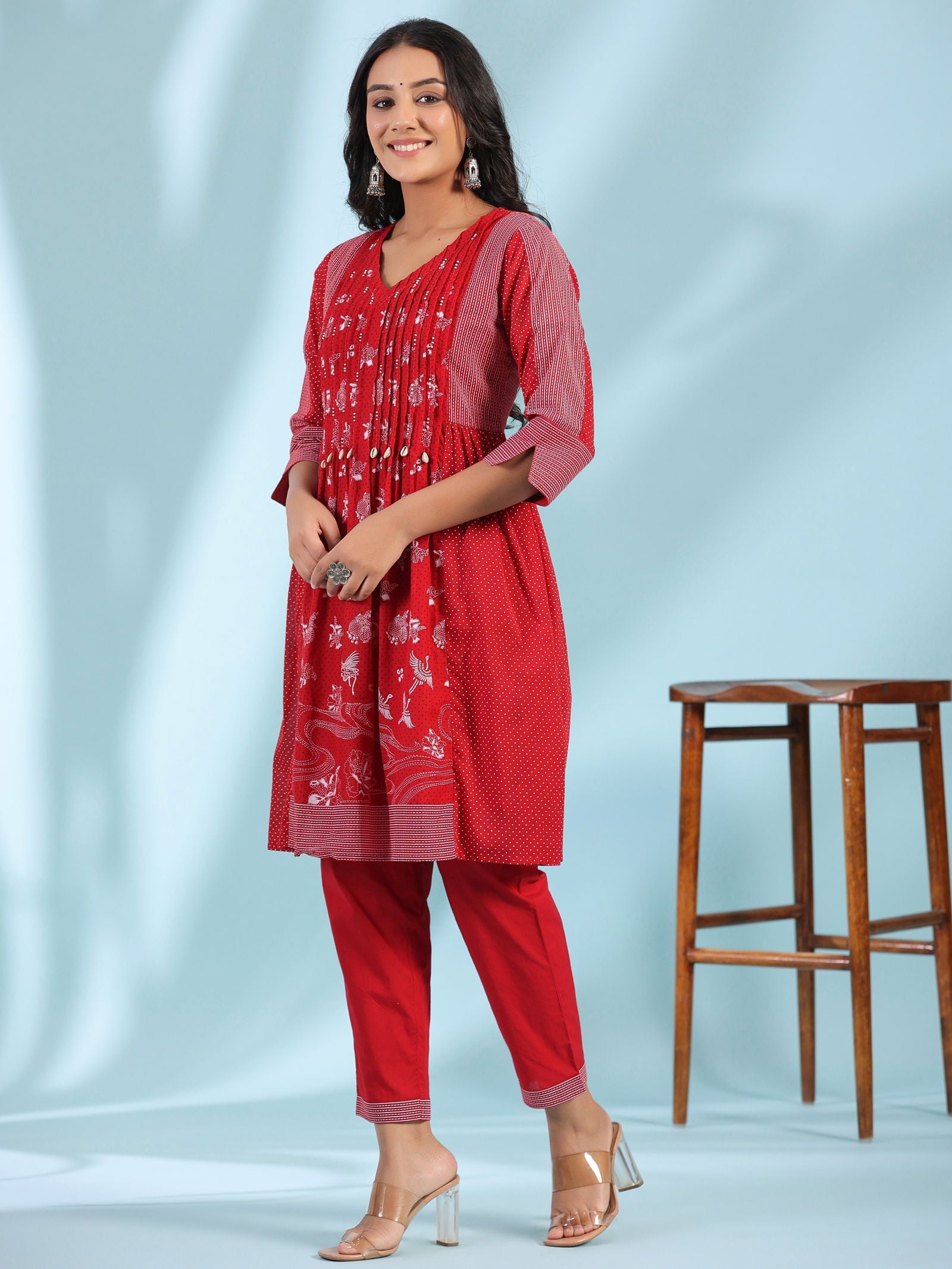 Juniper Red Ethnic Motif Printed Cotton Voile Kurta With Pant&Dupatta With Pintucks At Front & Beadwork