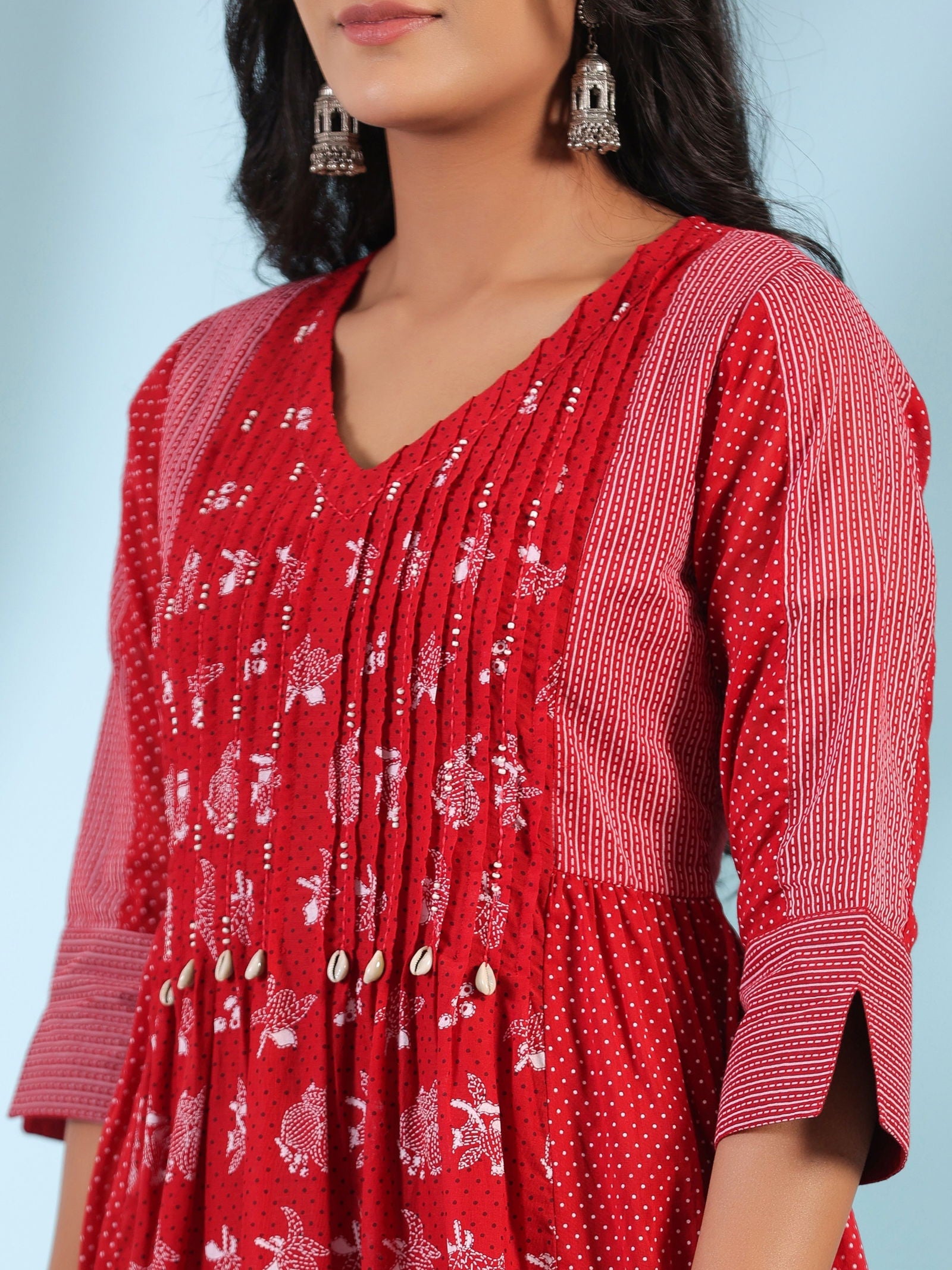 Juniper Red Ethnic Motif Printed Cotton Voile Kurta With Pant&Dupatta With Pintucks At Front & Beadwork