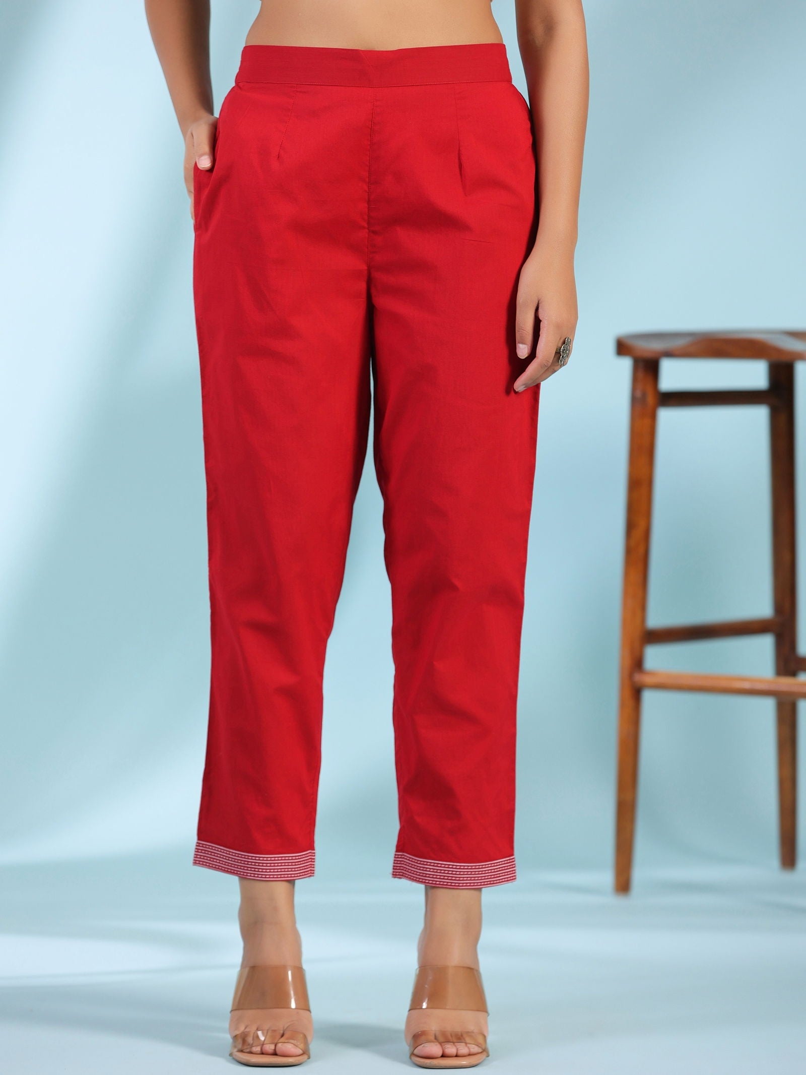 Juniper Red Ethnic Motif Printed Cotton Voile Kurta With Pant&Dupatta With Pintucks At Front & Beadwork