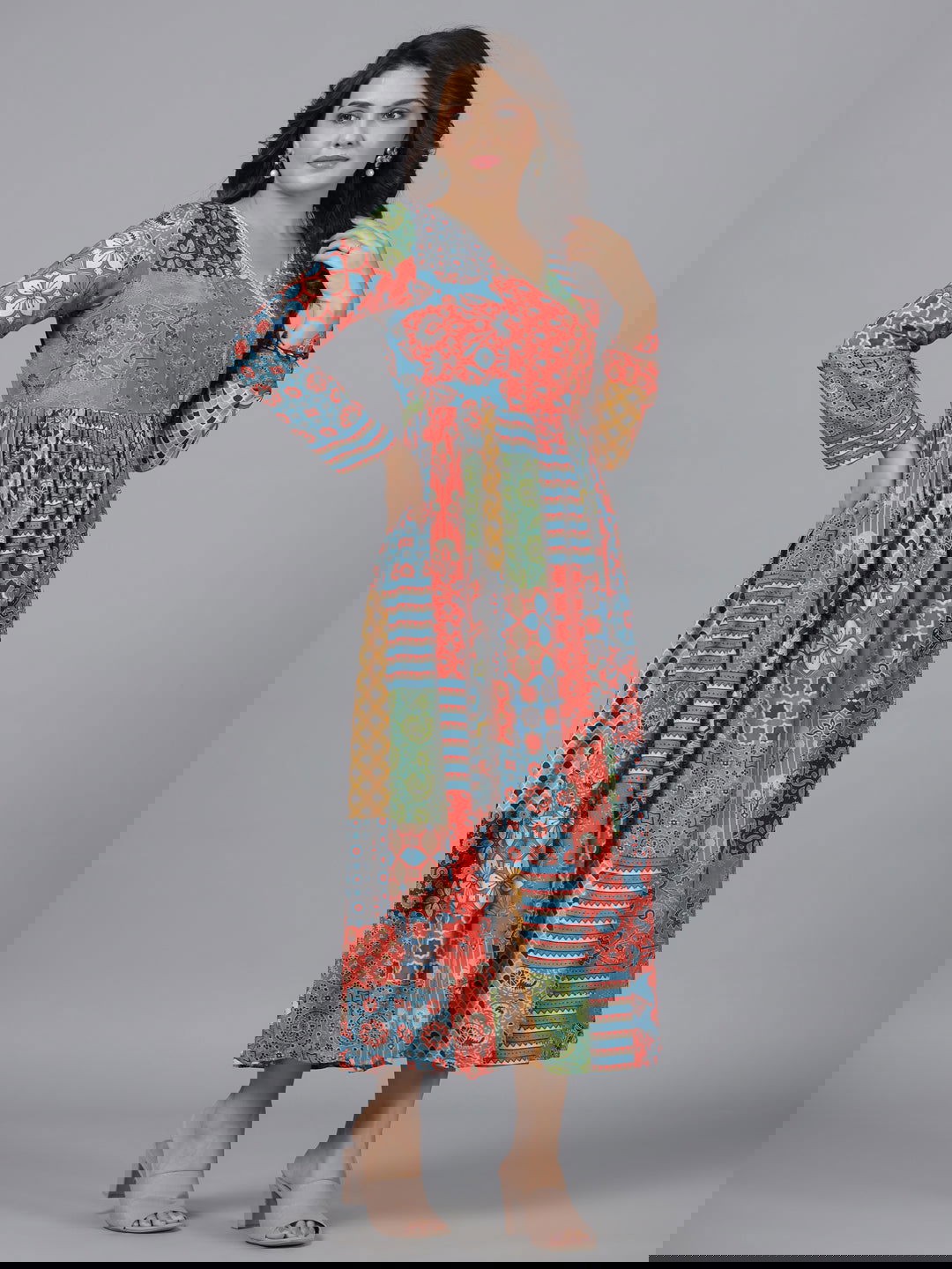 Juniper Red Ethnic Printed Muslin Lacy Maxi Dress