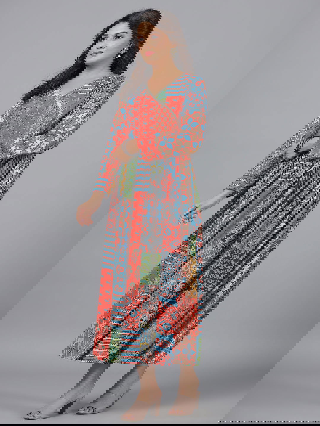 Juniper Red Ethnic Printed Muslin Lacy Maxi Dress