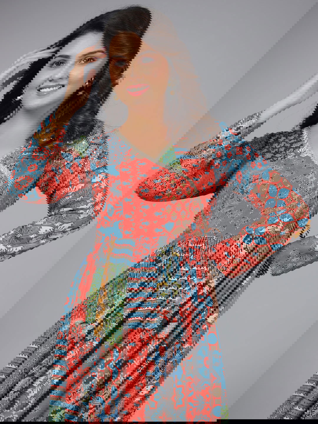 Juniper Red Ethnic Printed Muslin Lacy Maxi Dress