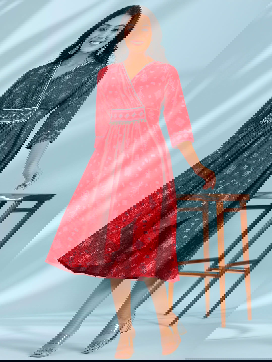 Juniper Red Geometric Printed Pure Cotton Midi Dress With Lace Work