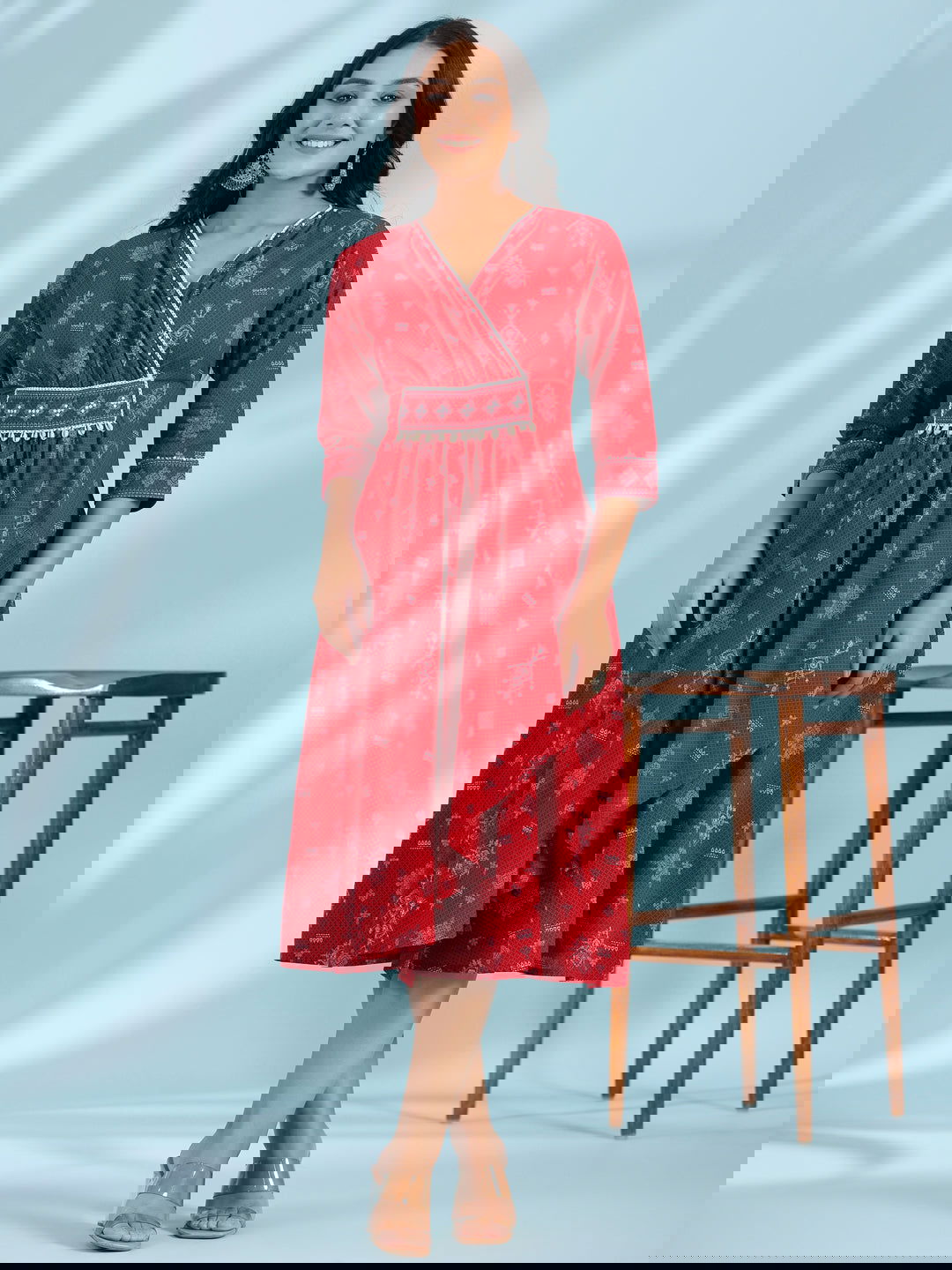 Juniper Red Geometric Printed Pure Cotton Midi Dress With Lace Work