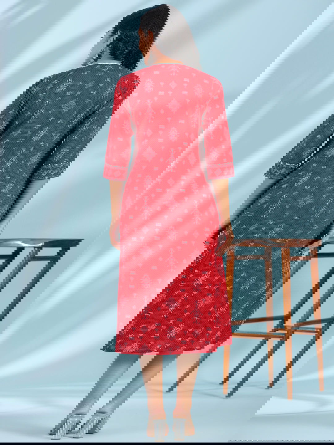 Juniper Red Geometric Printed Pure Cotton Midi Dress With Lace Work