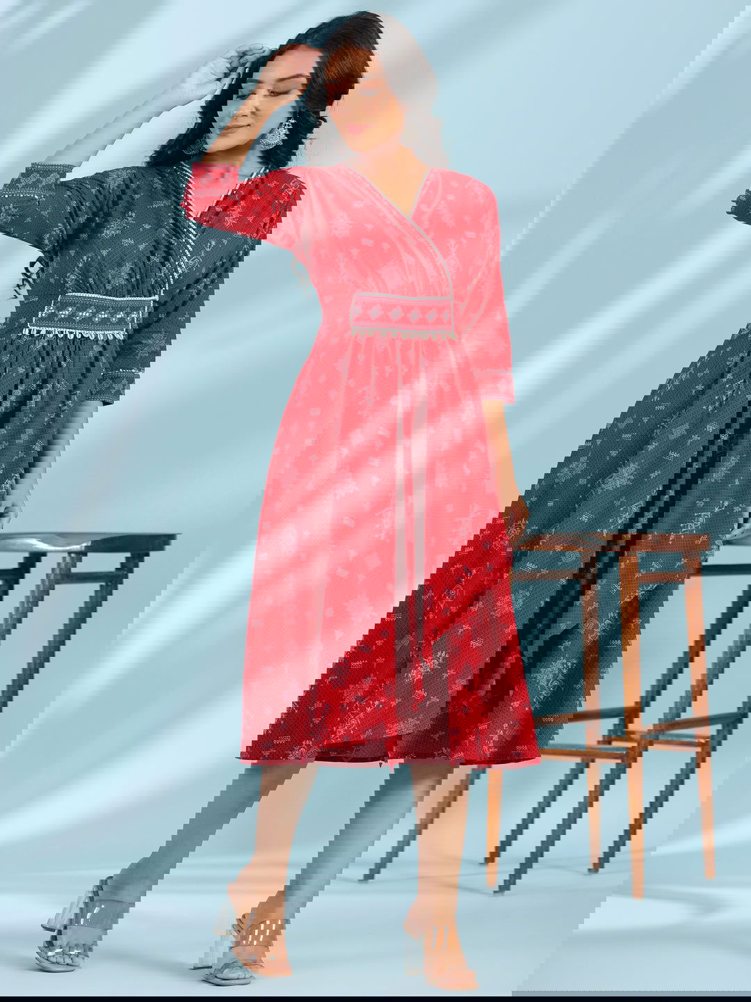 Juniper Red Geometric Printed Pure Cotton Midi Dress With Lace Work