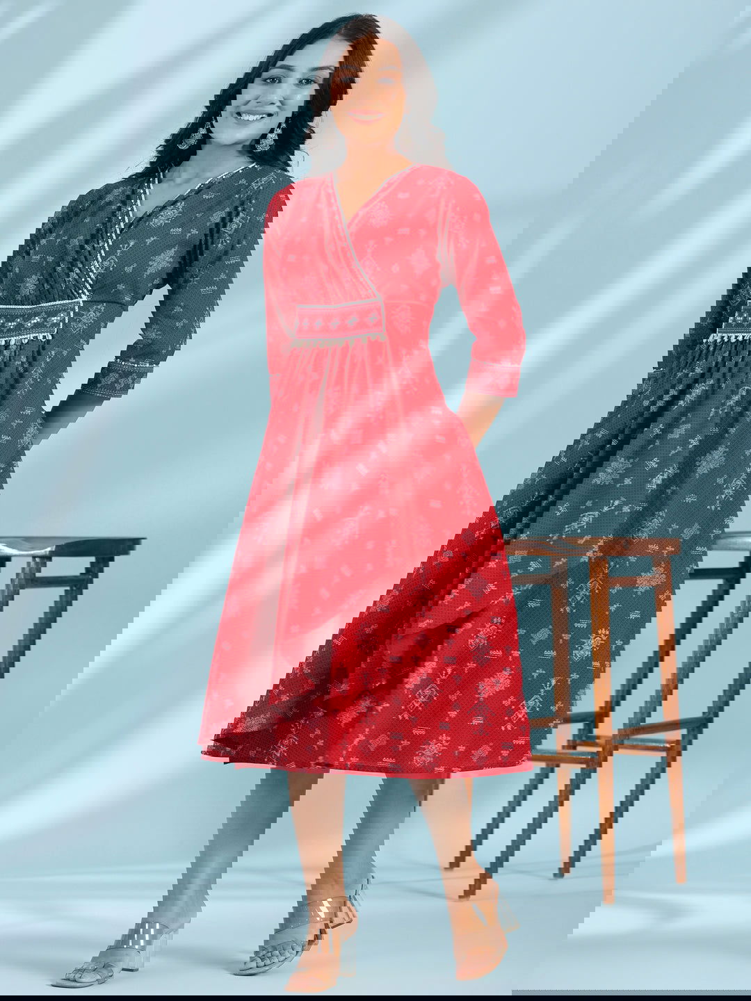 Juniper Red Geometric Printed Pure Cotton Midi Dress With Lace Work