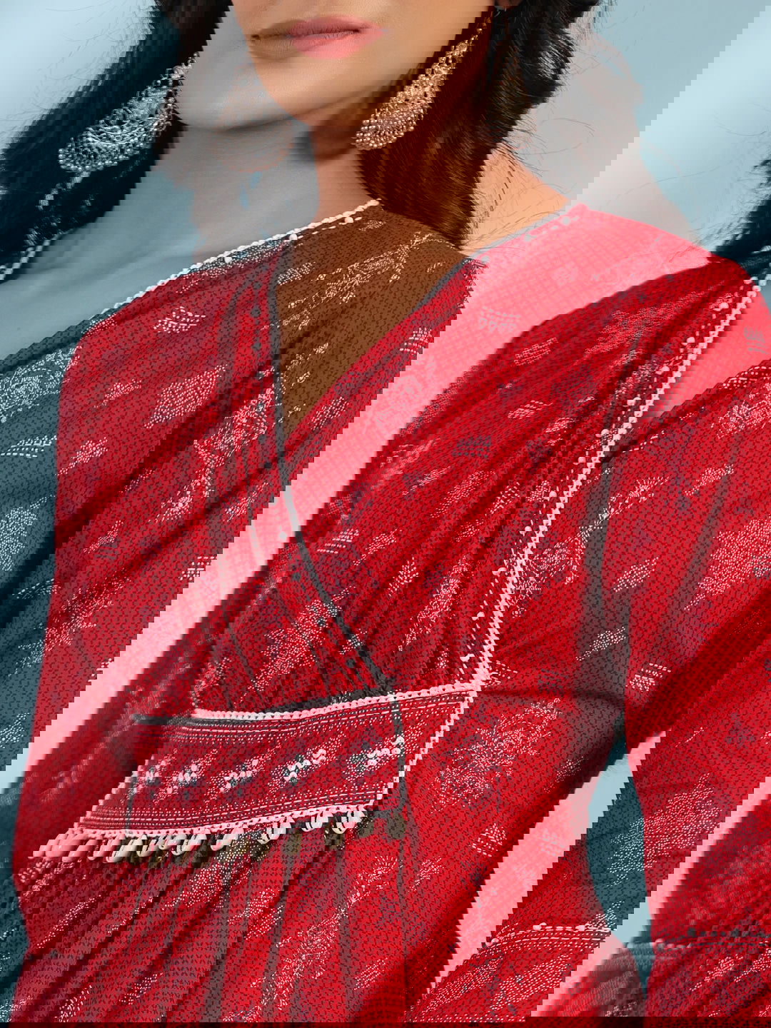 Juniper Red Geometric Printed Pure Cotton Midi Dress With Lace Work