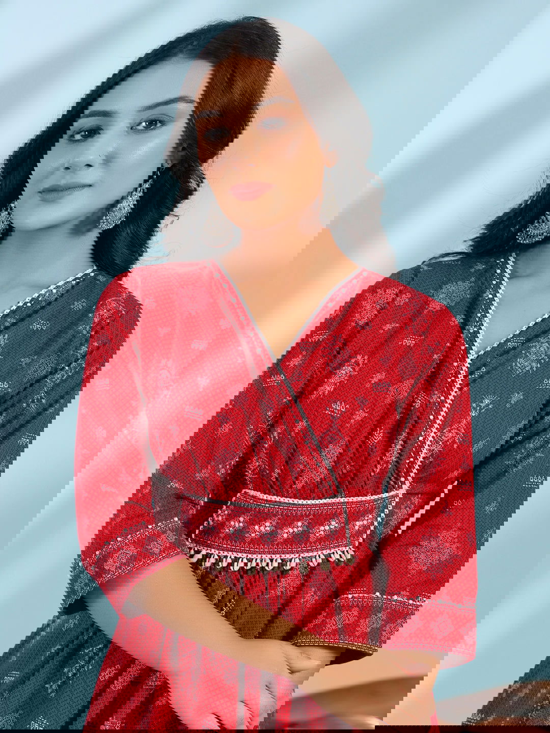 Juniper Red Geometric Printed Pure Cotton Midi Dress With Lace Work