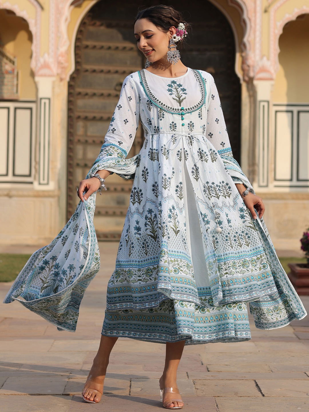 Juniper Sky Blue Ethnic Motif Printed Pure Cotton Layered Dress & Kota Dupatta Set With Thread Work