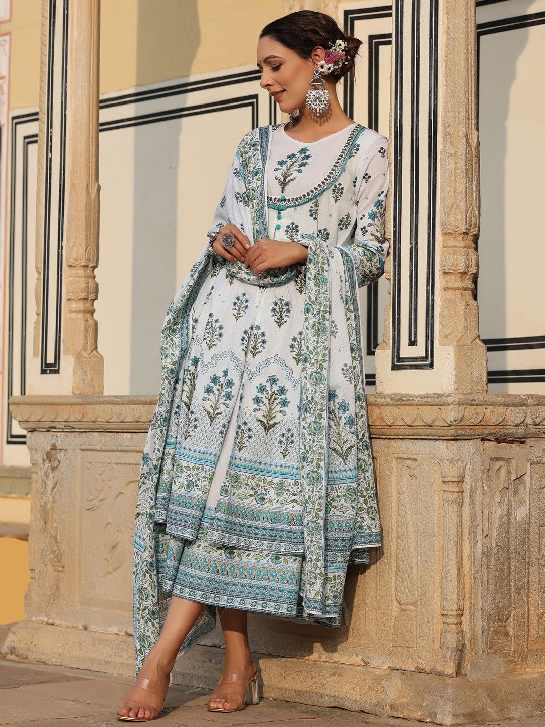 Juniper Sky Blue Ethnic Motif Printed Pure Cotton Layered Dress & Kota Dupatta Set With Thread Work