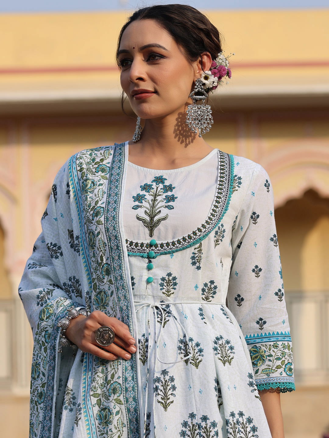 Juniper Sky Blue Ethnic Motif Printed Pure Cotton Layered Dress & Kota Dupatta Set With Thread Work