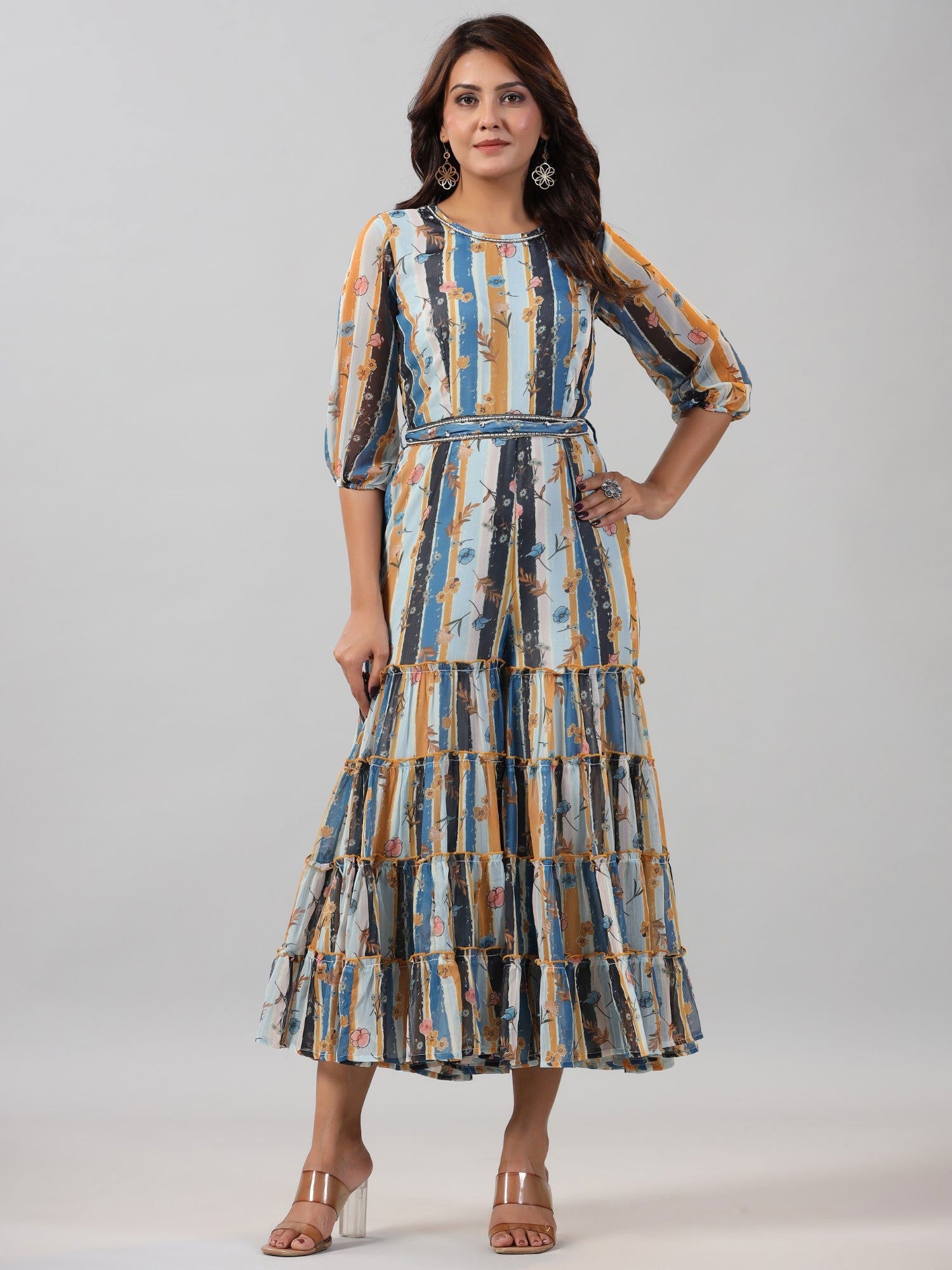 Juniper Sky blue Floral Printed Chiffon Jumpsuit With Beads & Sequins
