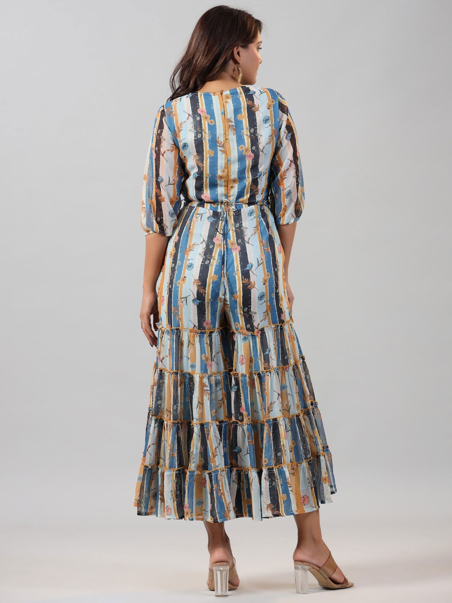 Juniper Sky blue Floral Printed Chiffon Jumpsuit With Beads & Sequins