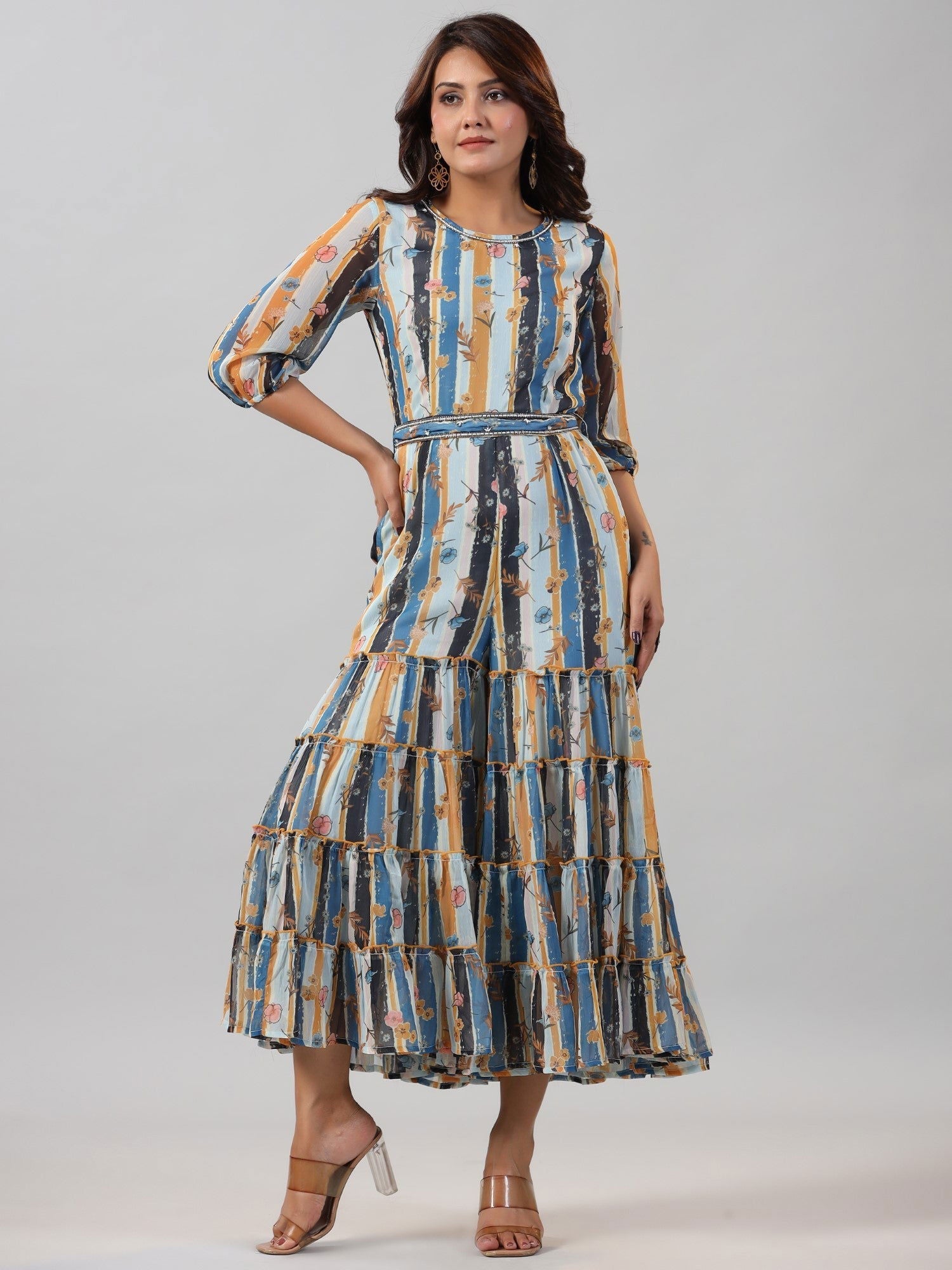 Juniper Sky blue Floral Printed Chiffon Jumpsuit With Beads & Sequins