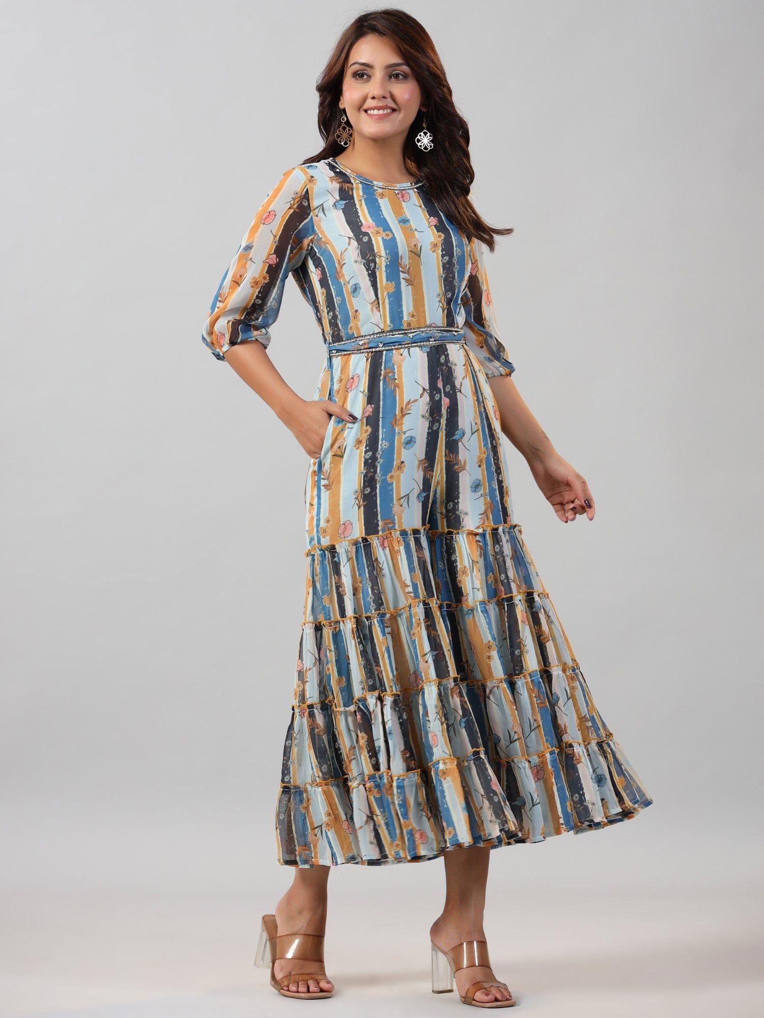 Juniper Sky blue Floral Printed Chiffon Jumpsuit With Beads & Sequins
