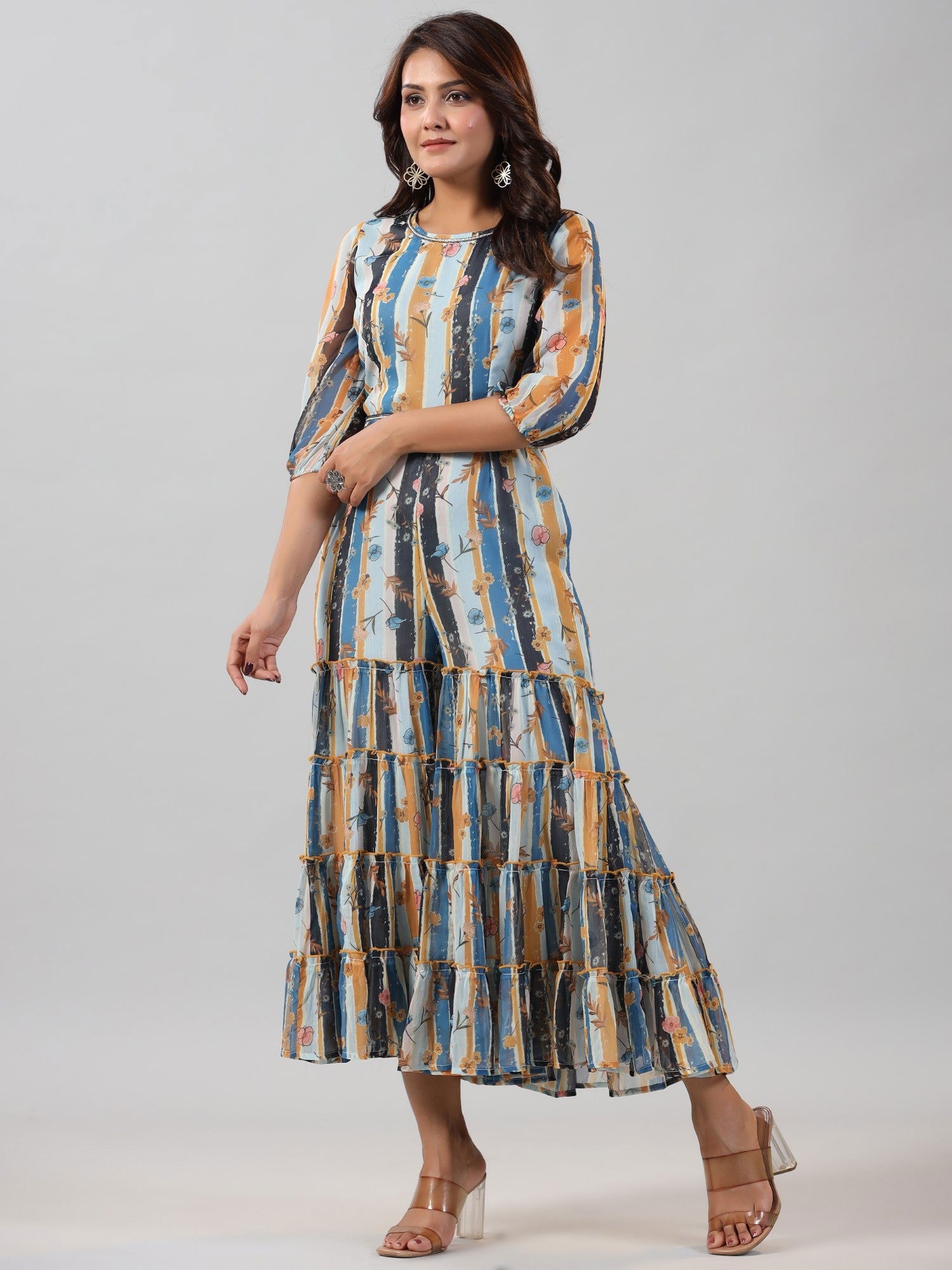Juniper Sky blue Floral Printed Chiffon Jumpsuit With Beads & Sequins