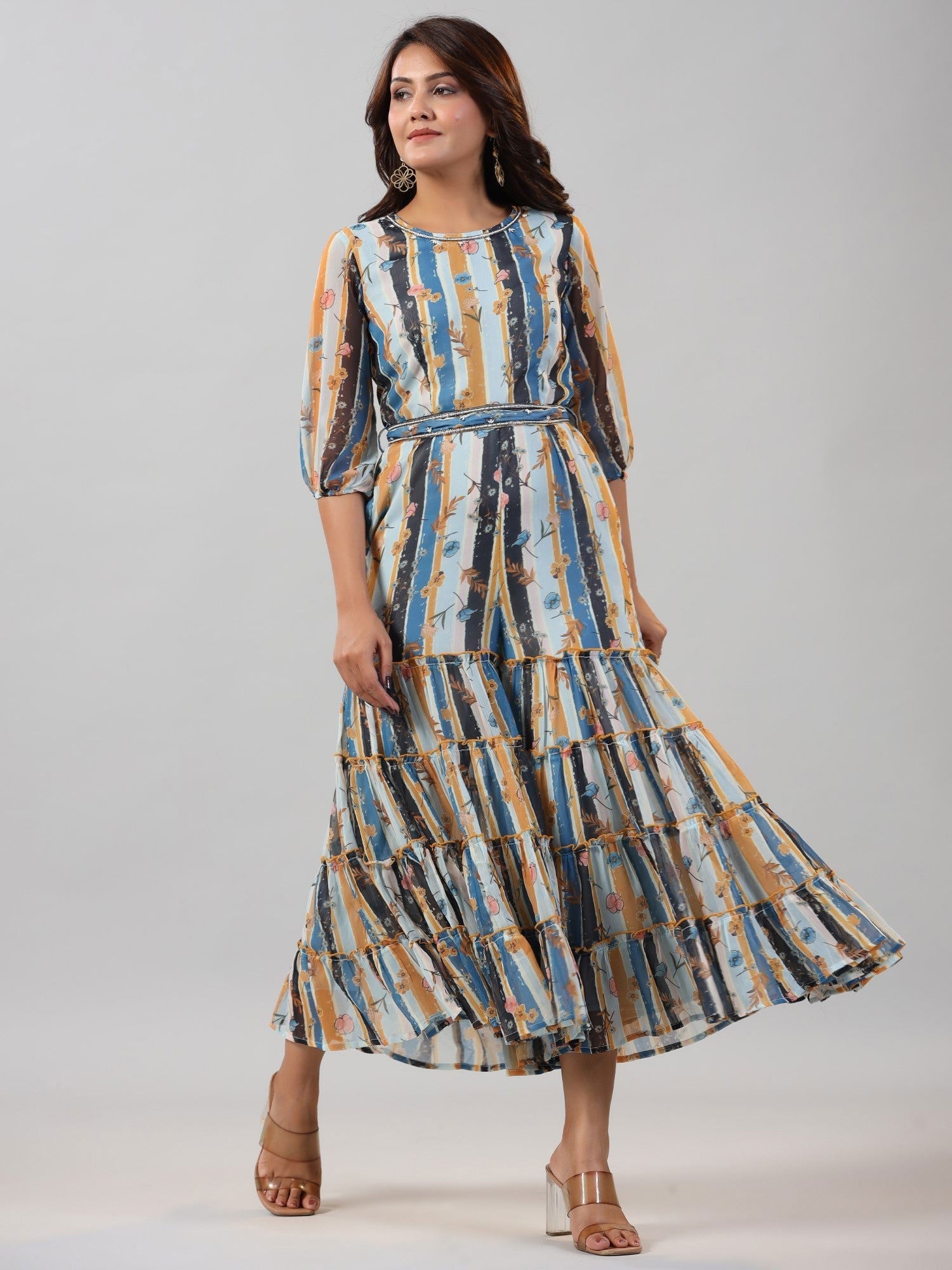 Juniper Sky blue Floral Printed Chiffon Jumpsuit With Beads & Sequins