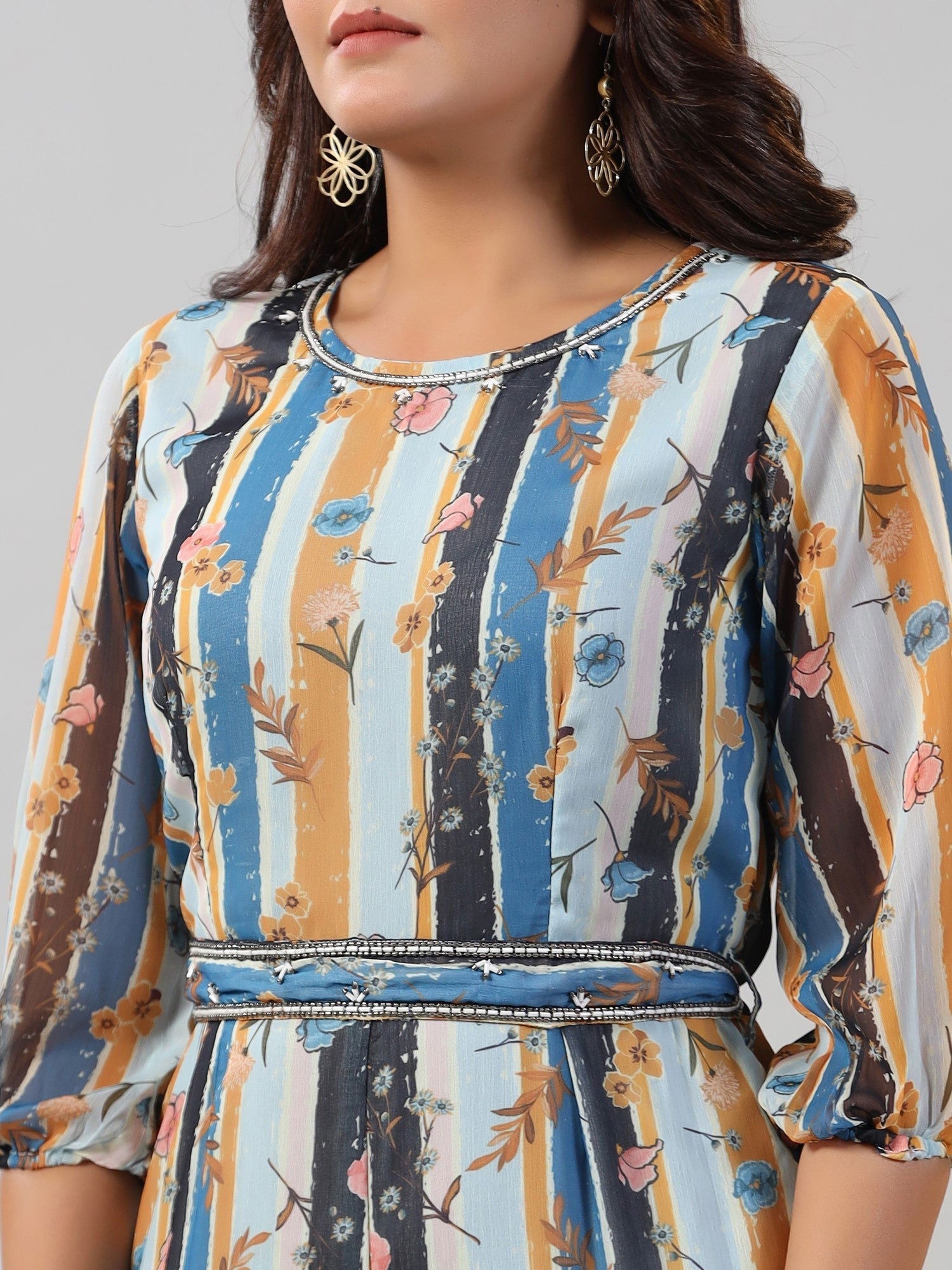 Juniper Sky blue Floral Printed Chiffon Jumpsuit With Beads & Sequins