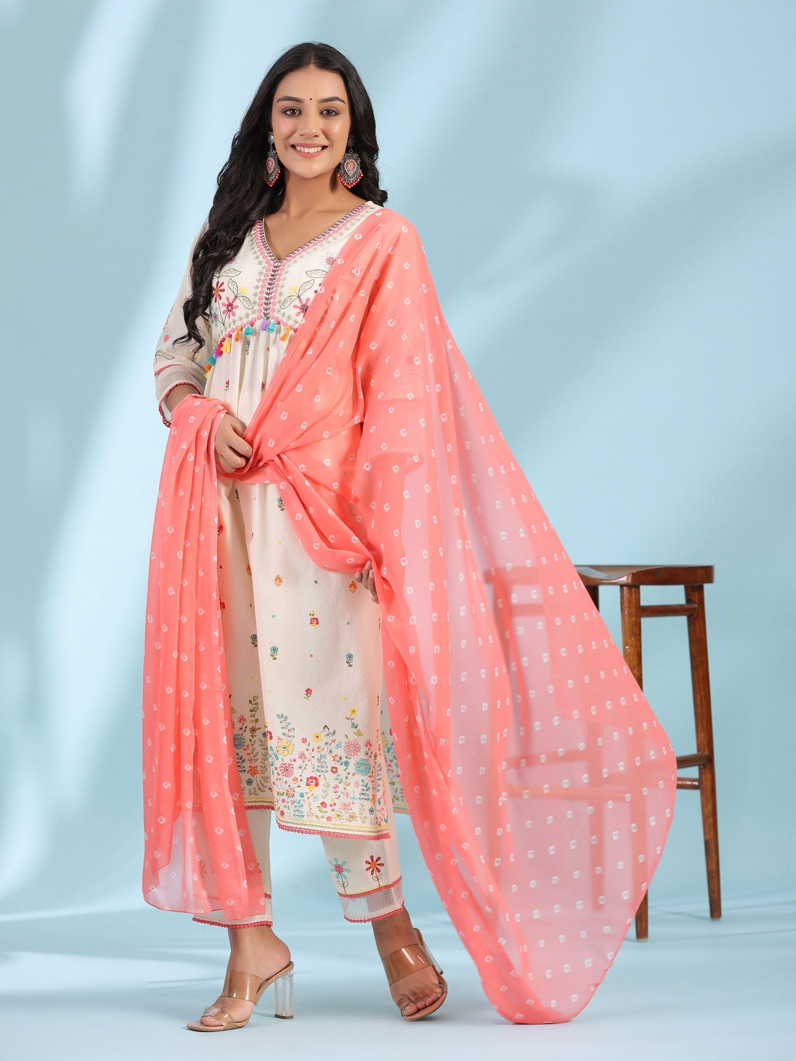 Juniper White Pure Cotton Floral Print Alia Cut Lacy Kurta With Pant & Dupatta Set With Tassel
