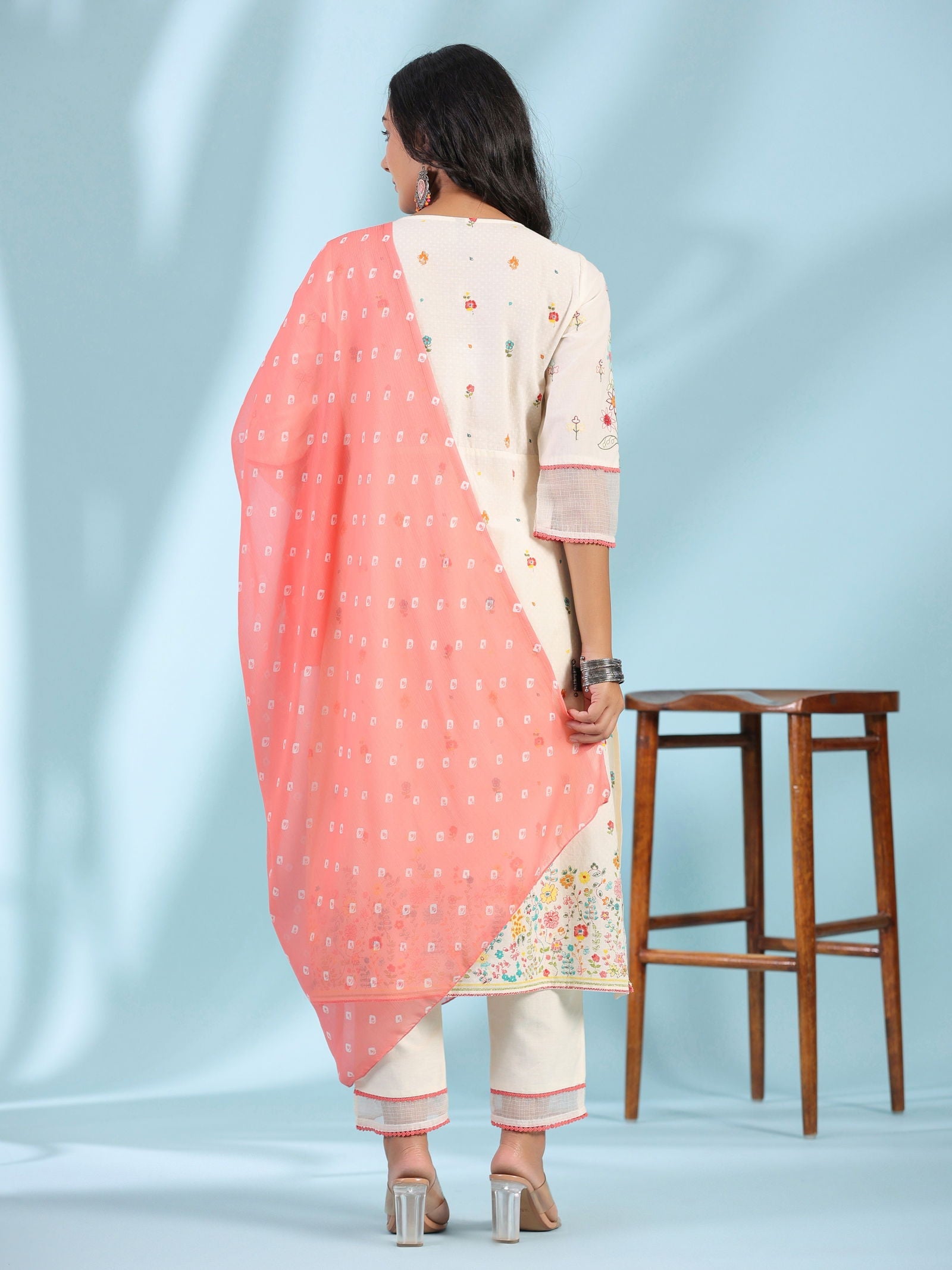 Juniper White Pure Cotton Floral Print Alia Cut Lacy Kurta With Pant & Dupatta Set With Tassel