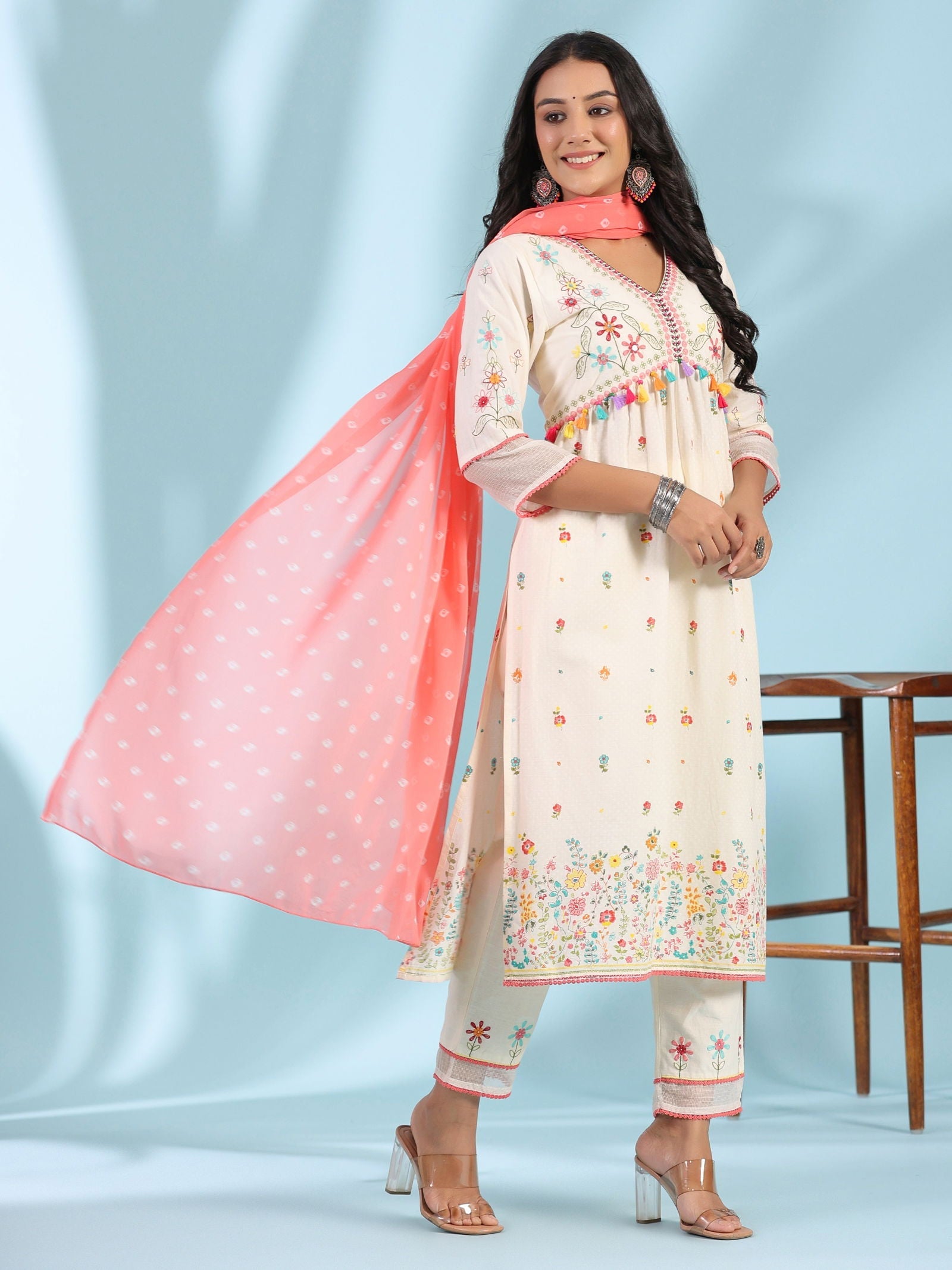 Juniper White Pure Cotton Floral Print Alia Cut Lacy Kurta With Pant & Dupatta Set With Tassel