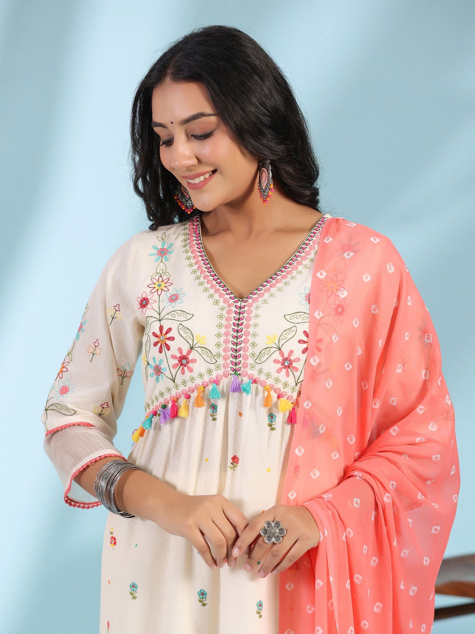Juniper White Pure Cotton Floral Print Alia Cut Lacy Kurta With Pant & Dupatta Set With Tassel
