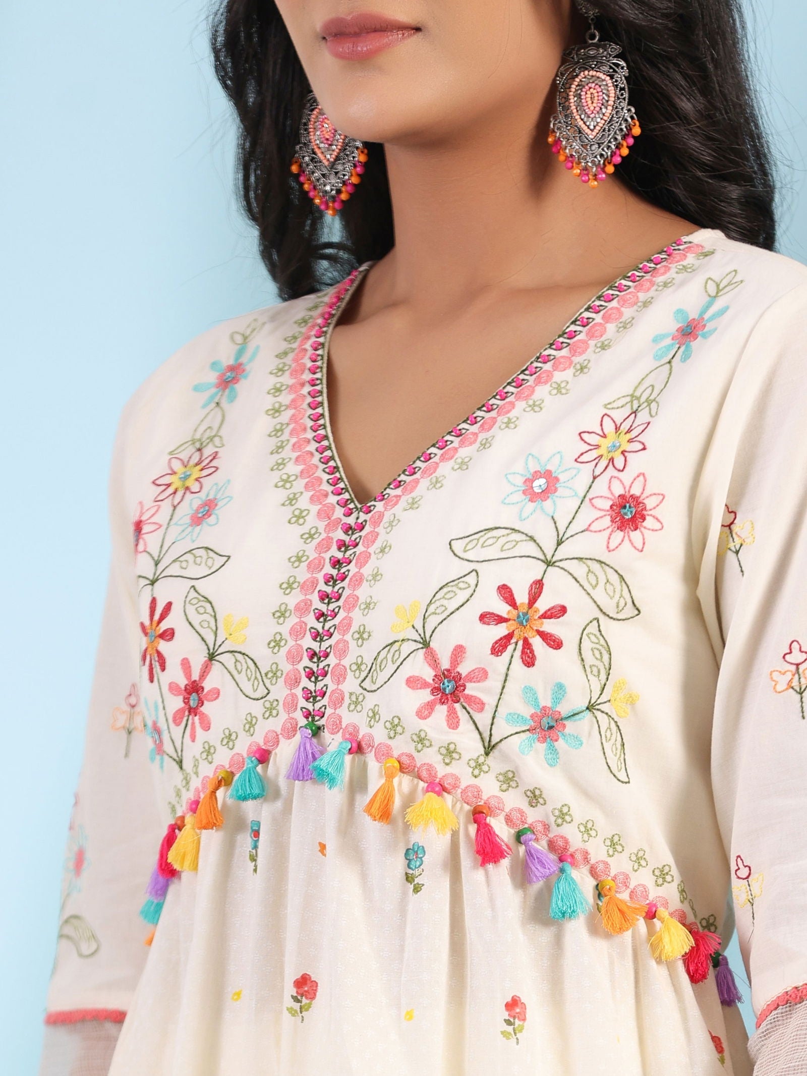 Juniper White Pure Cotton Floral Print Alia Cut Lacy Kurta With Pant & Dupatta Set With Tassel