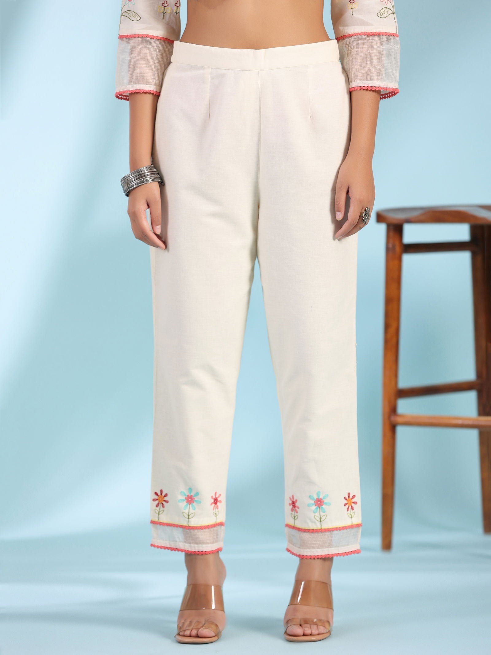 Juniper White Pure Cotton Floral Print Alia Cut Lacy Kurta With Pant & Dupatta Set With Tassel