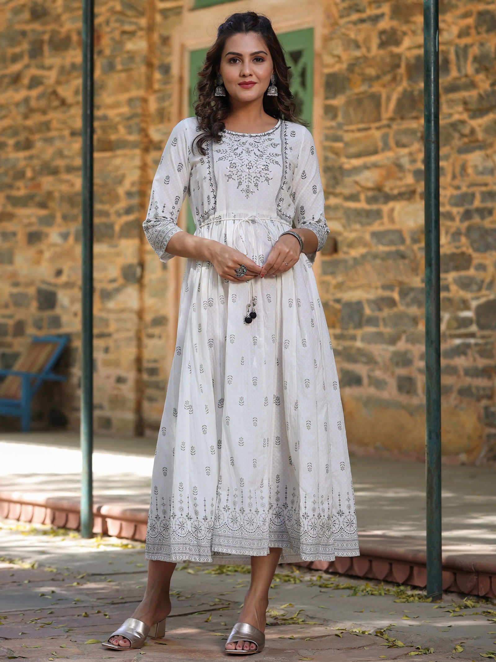 Juniper White Pure Cotton Printed Kurta, Sharara & Dupatta Set With Beads & Sequins