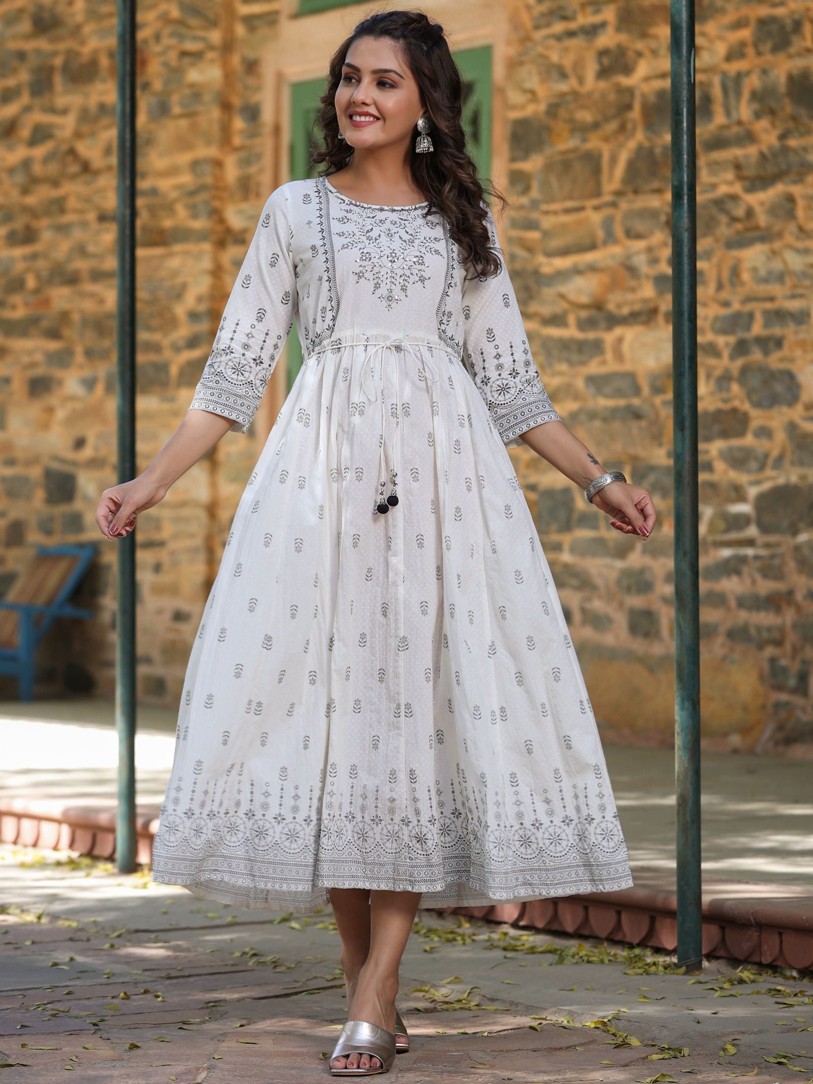 Juniper White Pure Cotton Printed Kurta, Sharara & Dupatta Set With Beads & Sequins