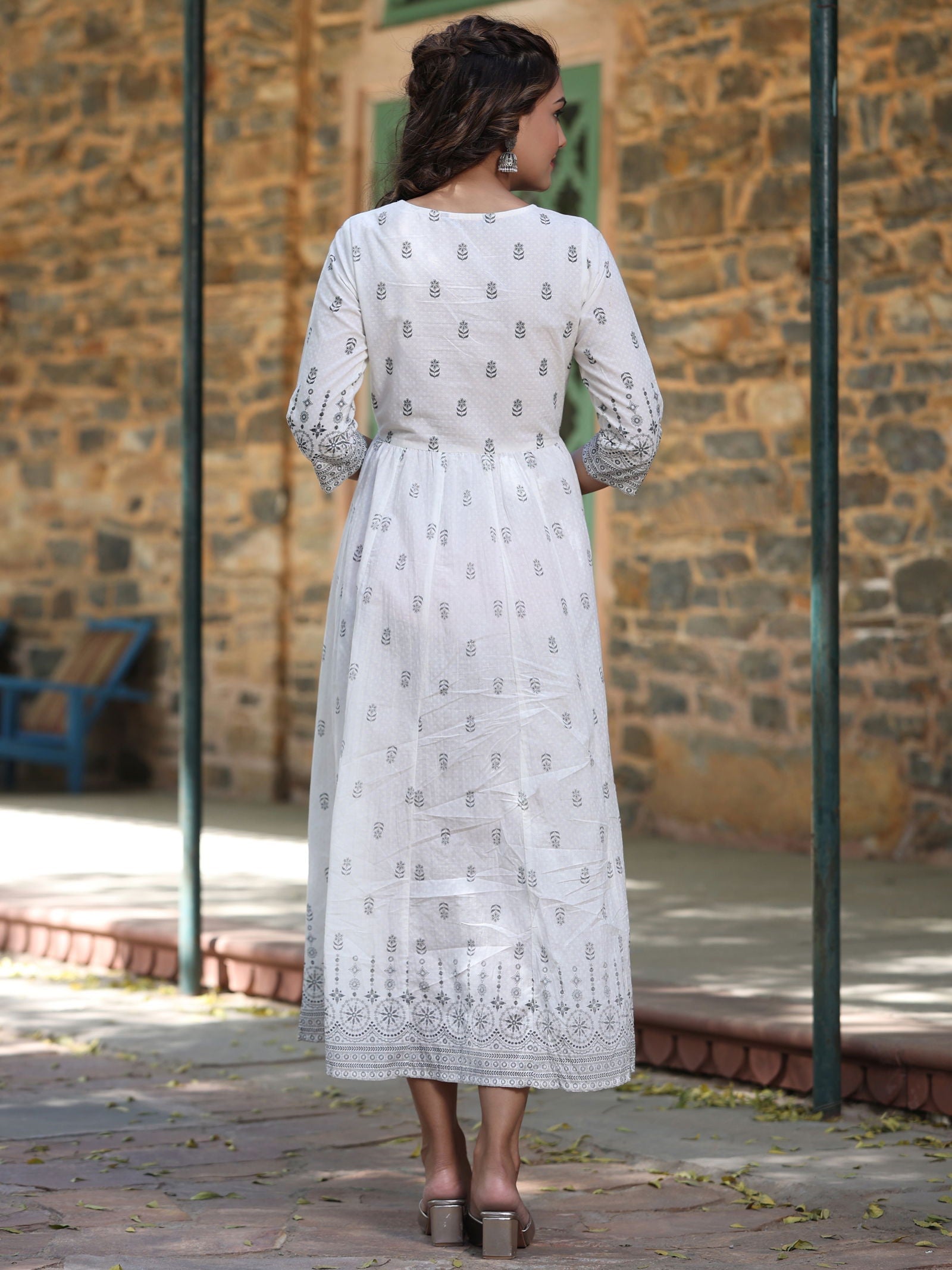 Juniper White Pure Cotton Printed Kurta, Sharara & Dupatta Set With Beads & Sequins