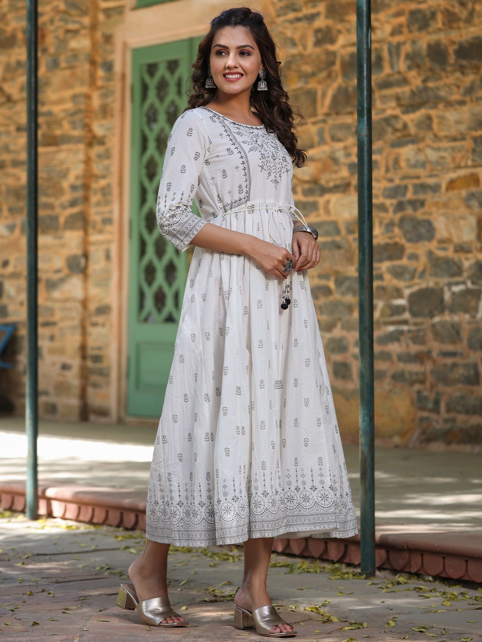 Juniper White Pure Cotton Printed Kurta, Sharara & Dupatta Set With Beads & Sequins