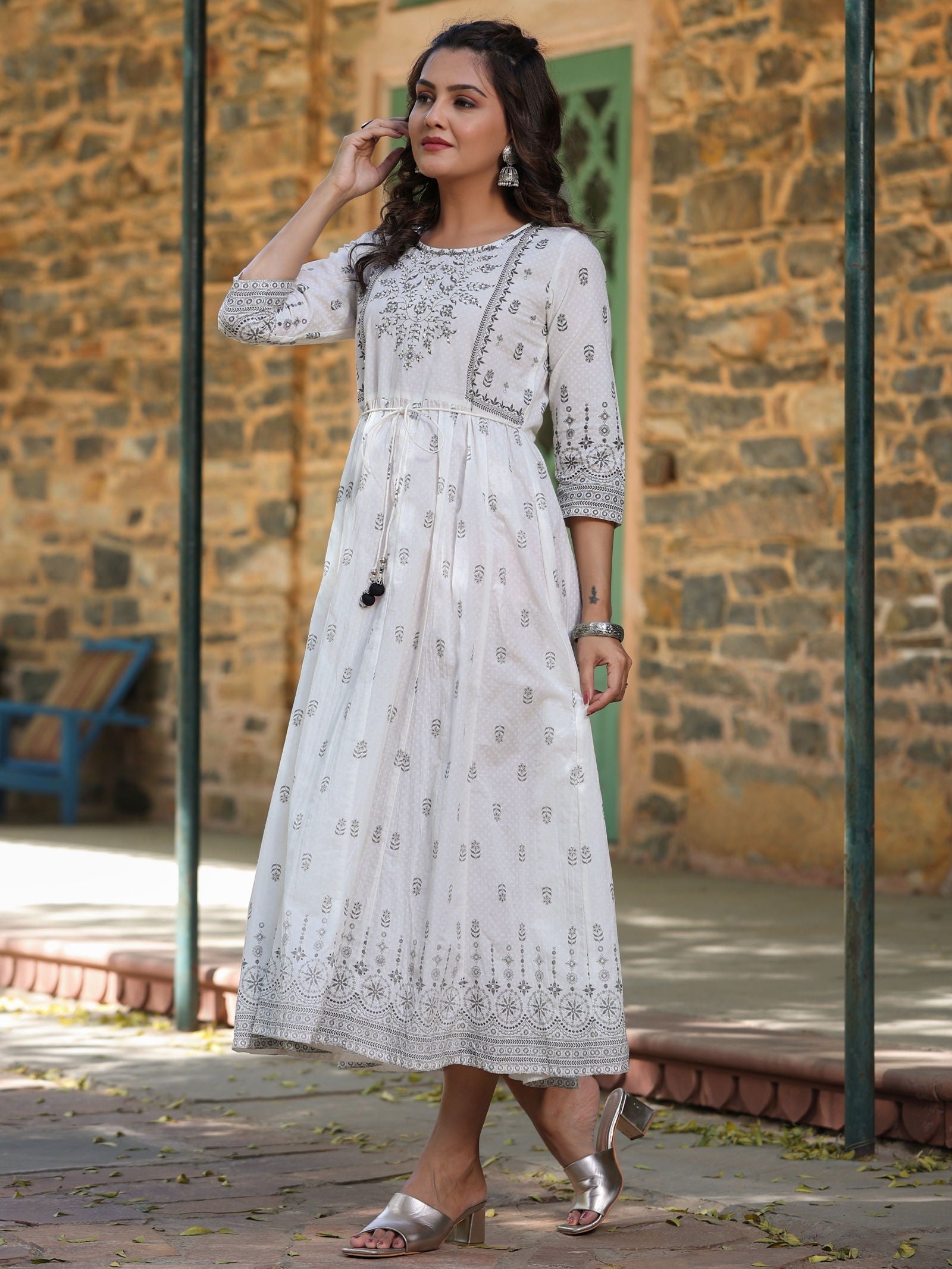 Juniper White Pure Cotton Printed Kurta, Sharara & Dupatta Set With Beads & Sequins