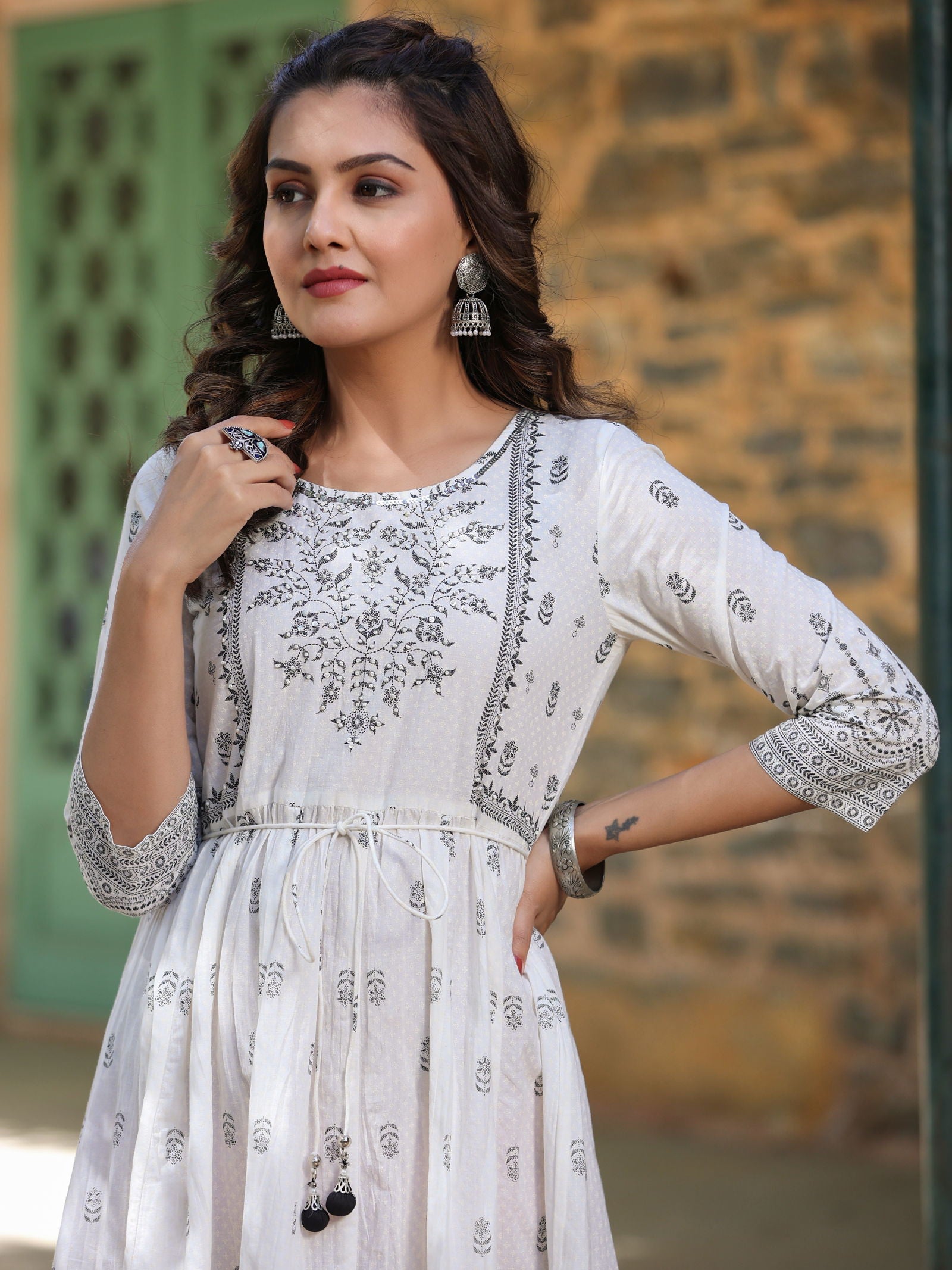 Juniper White Pure Cotton Printed Kurta, Sharara & Dupatta Set With Beads & Sequins