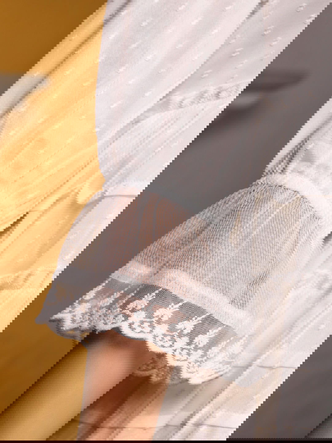 Juniper White Solid Peplum Lacy Keyhole Neckline Tunic With Lining