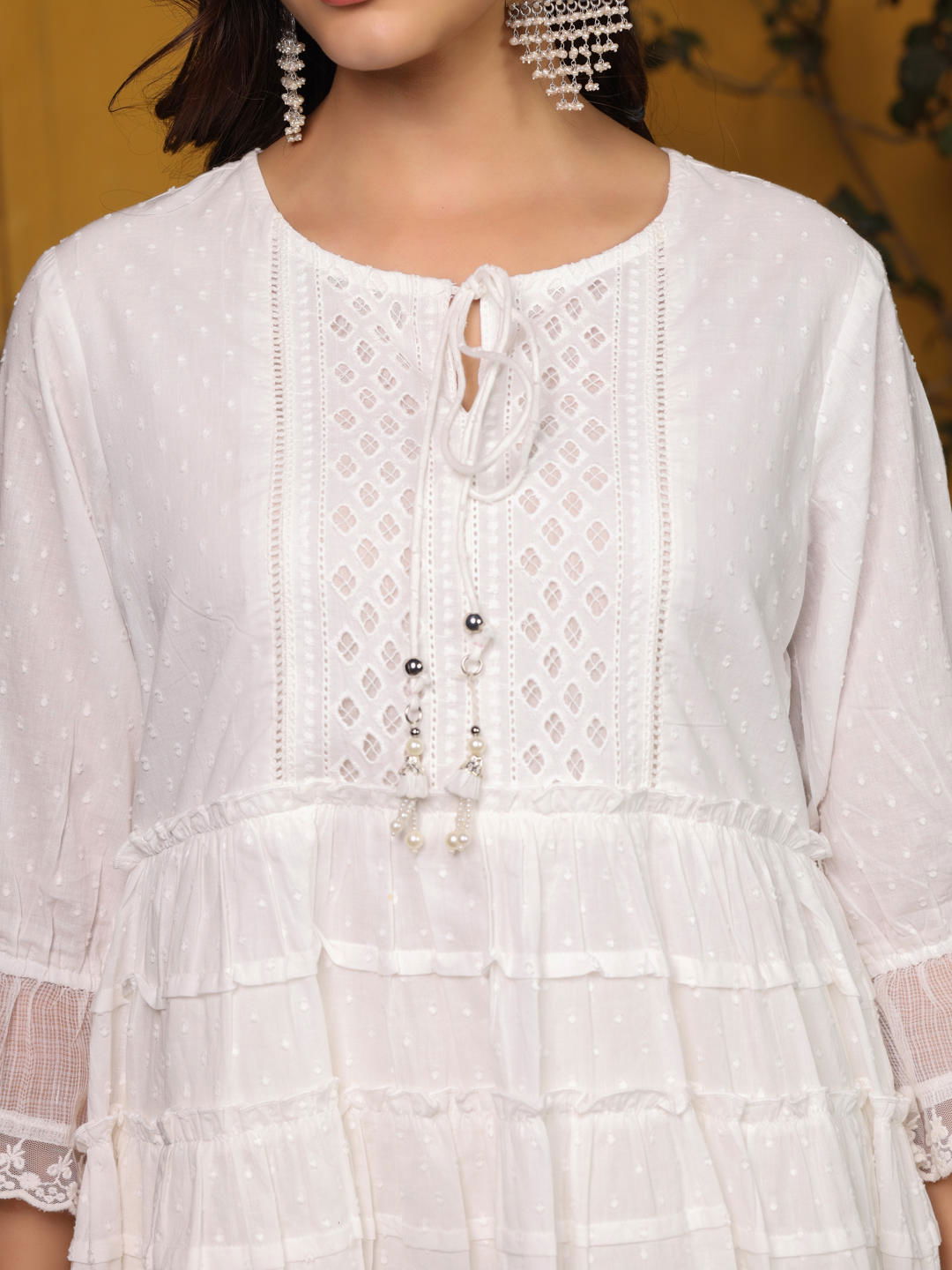 Juniper White Solid Peplum Lacy Keyhole Neckline Tunic With Lining