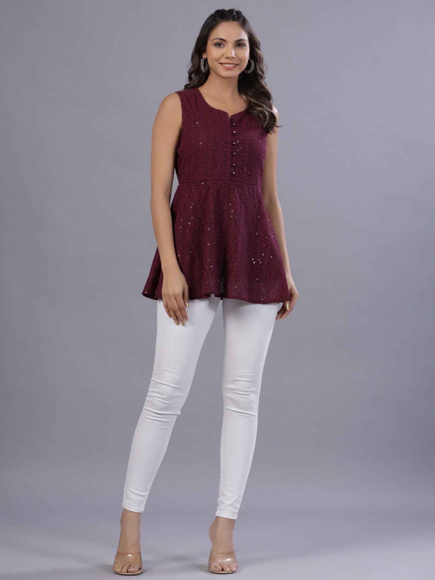 Juniper Wine Geometric Printed Georgette Embroidered Peplum Tunic With Thread Work