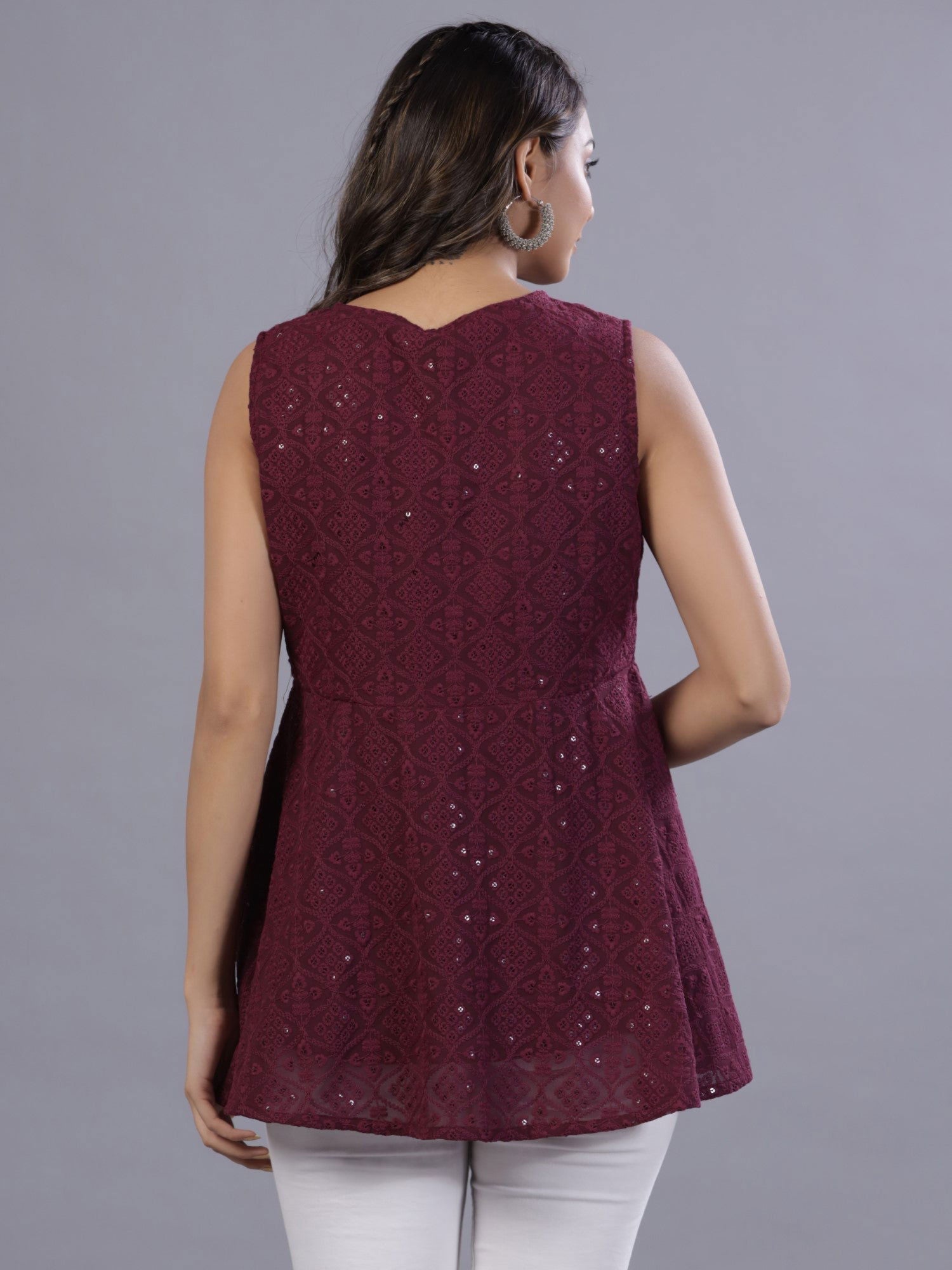 Juniper Wine Geometric Printed Georgette Embroidered Peplum Tunic With Thread Work