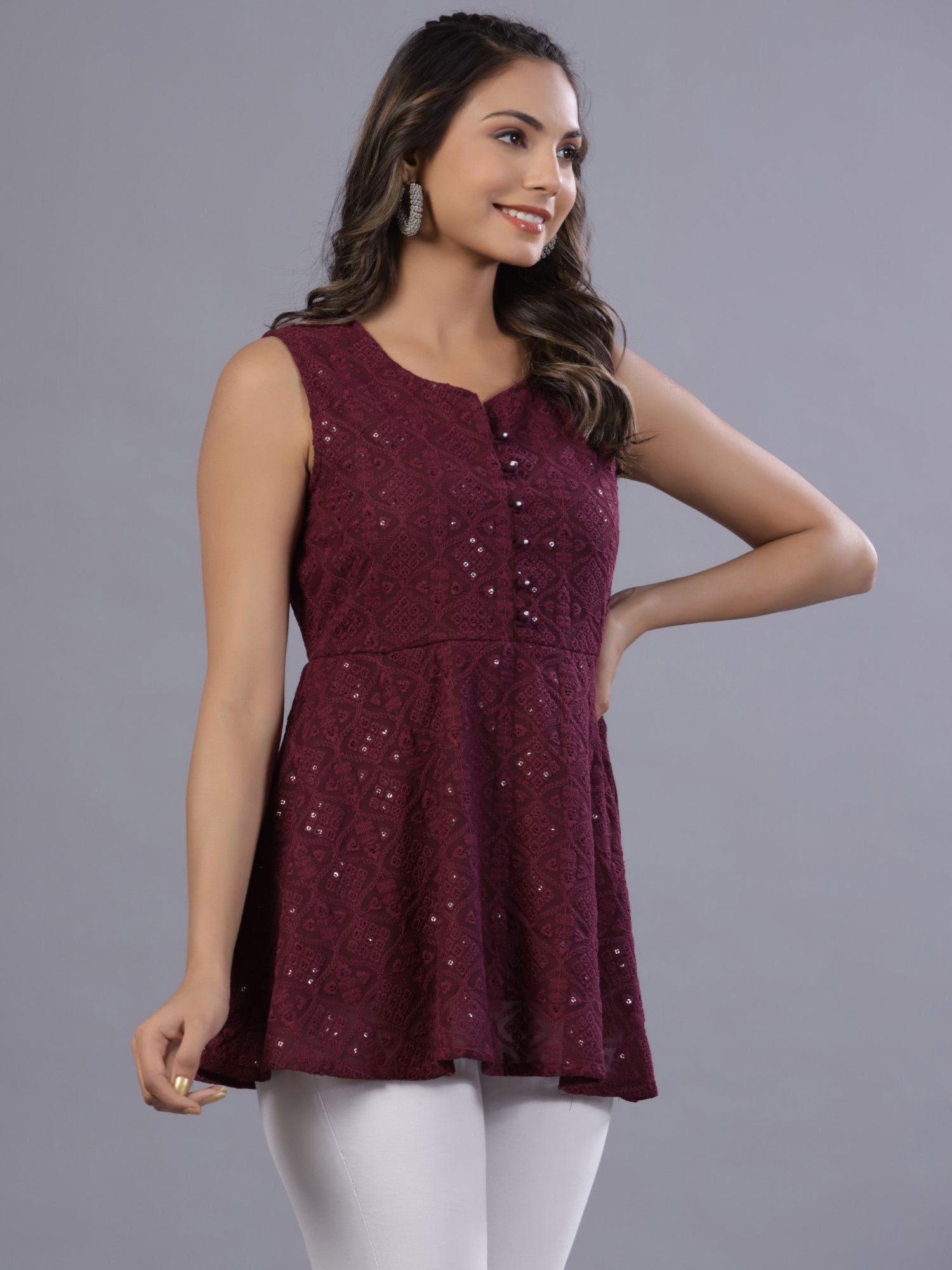 Juniper Wine Geometric Printed Georgette Embroidered Peplum Tunic With Thread Work